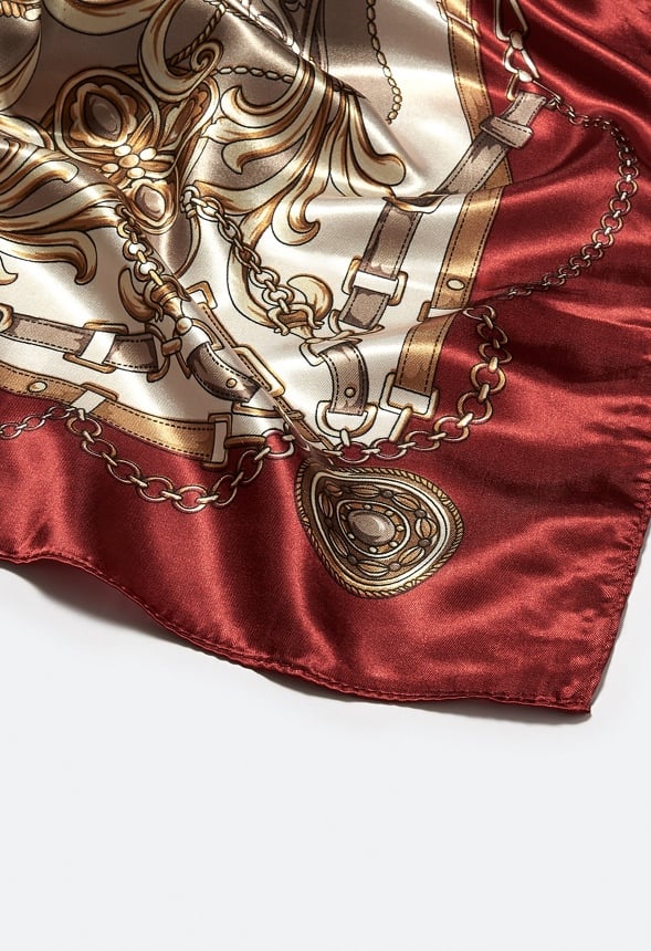 Ruby Mixed Chain Print Silk Like Scarf With Red Border - Image 4