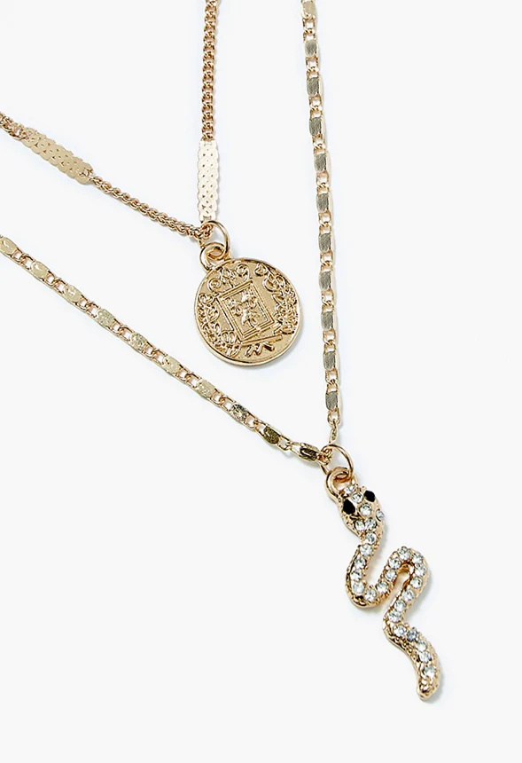 Sadie Layered Necklace With Coin And Snake Drops - Image 2