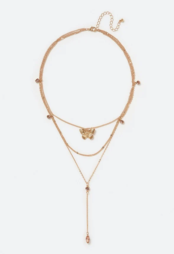 Salma Layered Y-Drop Necklace With Blush Glass Navettes & Butterfly Charm - Image 2