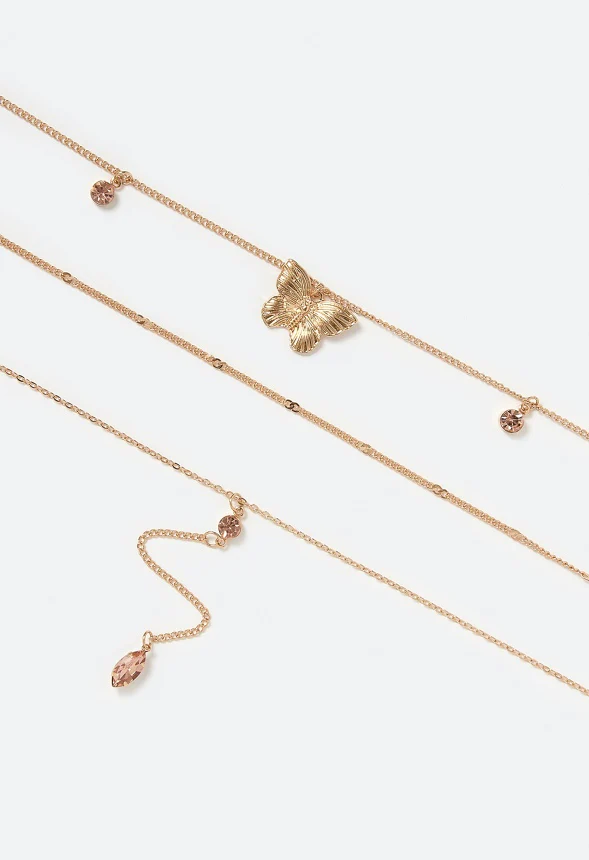 Salma Layered Y-Drop Necklace With Blush Glass Navettes & Butterfly Charm - Image 3