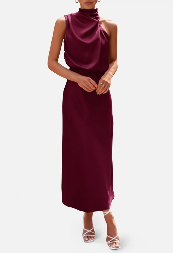 Satin Mock Neck Cocktail Maxi Dress - Image 2