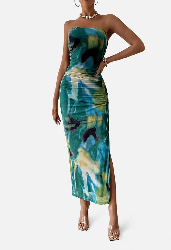 Strapless Bodycon Slit Maxi Dress