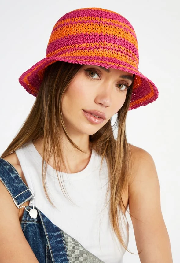 Striped Raffia Crochet Hat - Image 2