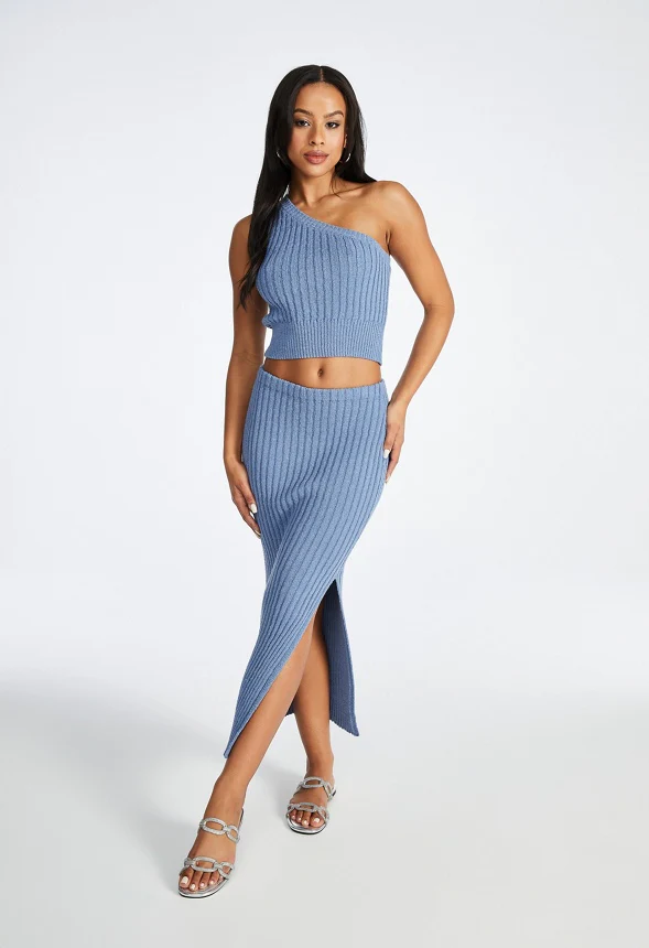 Textured Side Slit Midi Skirt - Image 7