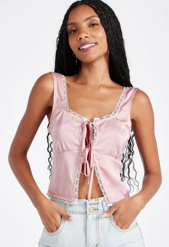 Tie Front Lace Trim Tank - Image 3