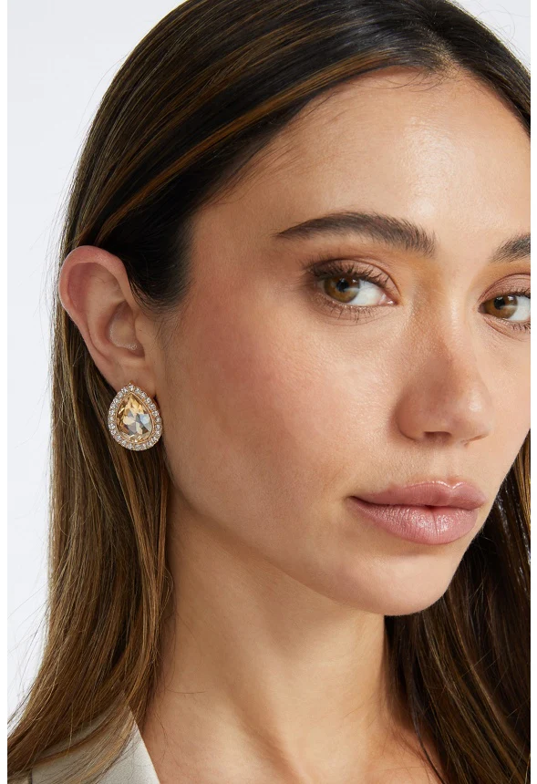 Tru Glass Stone Teardrop With Rhinestones Surrounding Stud Earrings - Image 2