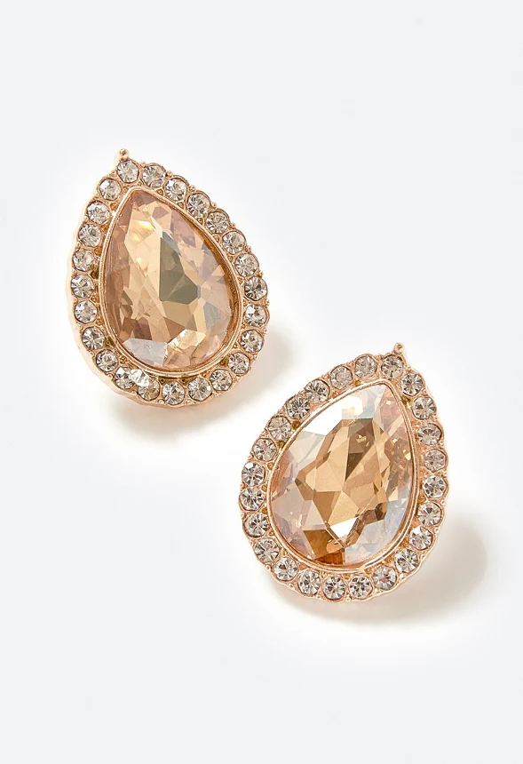 Tru Glass Stone Teardrop With Rhinestones Surrounding Stud Earrings - Image 3