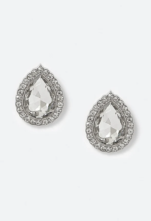 Tru Glass Stone Teardrop With Rhinestones Surrounding Stud Earrings - Image 2
