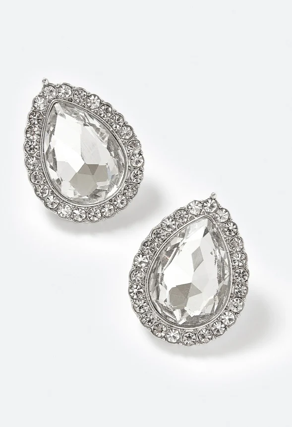 Tru Glass Stone Teardrop With Rhinestones Surrounding Stud Earrings - Image 3