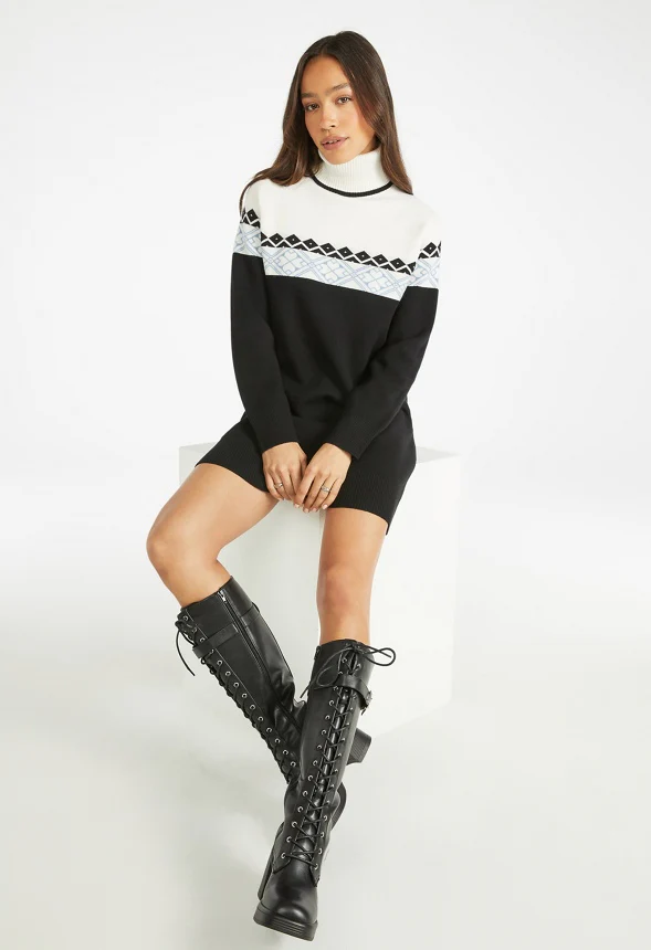Turtleneck Jacquard Sweater Dress - Image 5