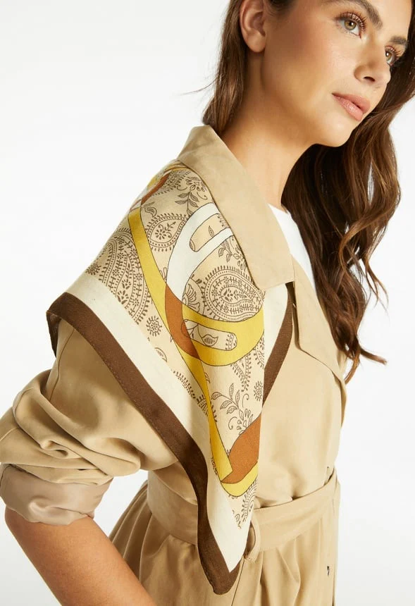 Ulla Tonal Cream And Brown Print Satin Like Scarf - Image 6