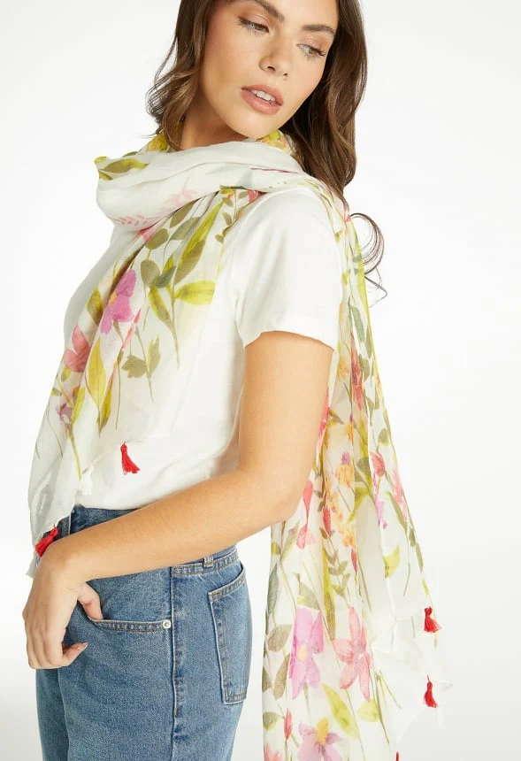Via Multi Color Flower Print Long Woven Scarf - Image 6
