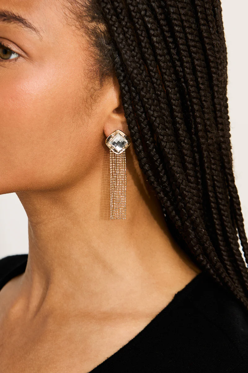 Vida Glass Stone Set and Chian Strands Drop Earrings - Image 2