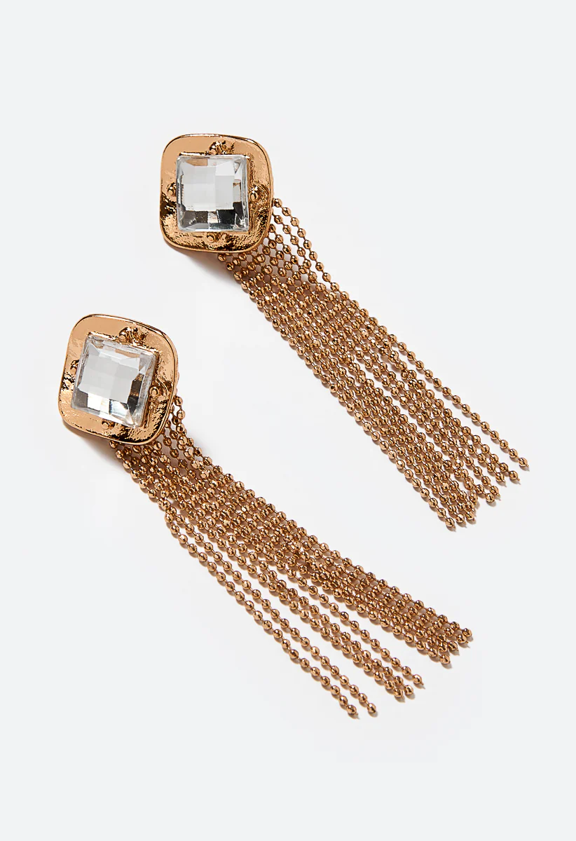 Vida Glass Stone Set and Chian Strands Drop Earrings - Image 3
