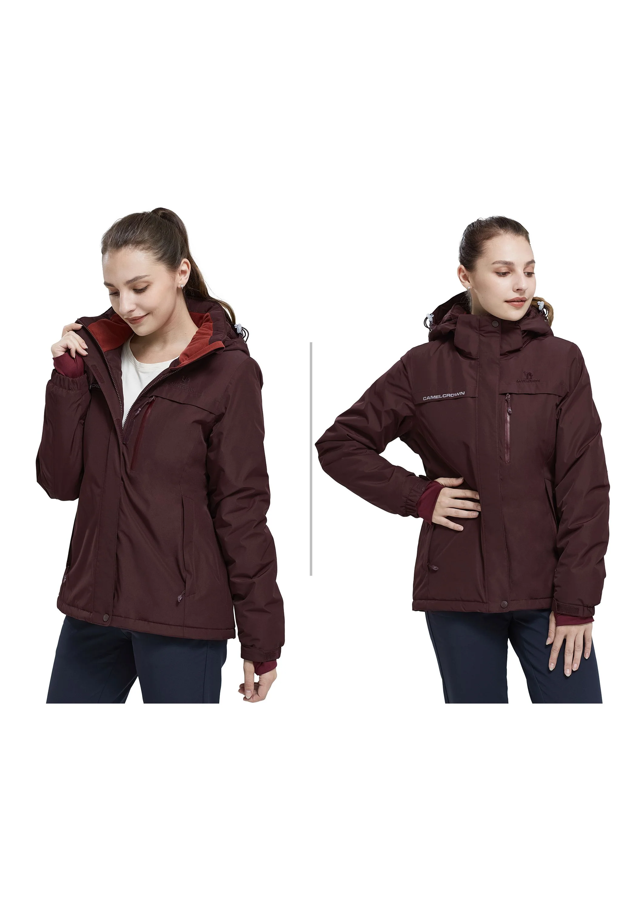 Women's Winter Wine Red Regular Fit Short Waterproof Windproof Ski Jacket - Image 8