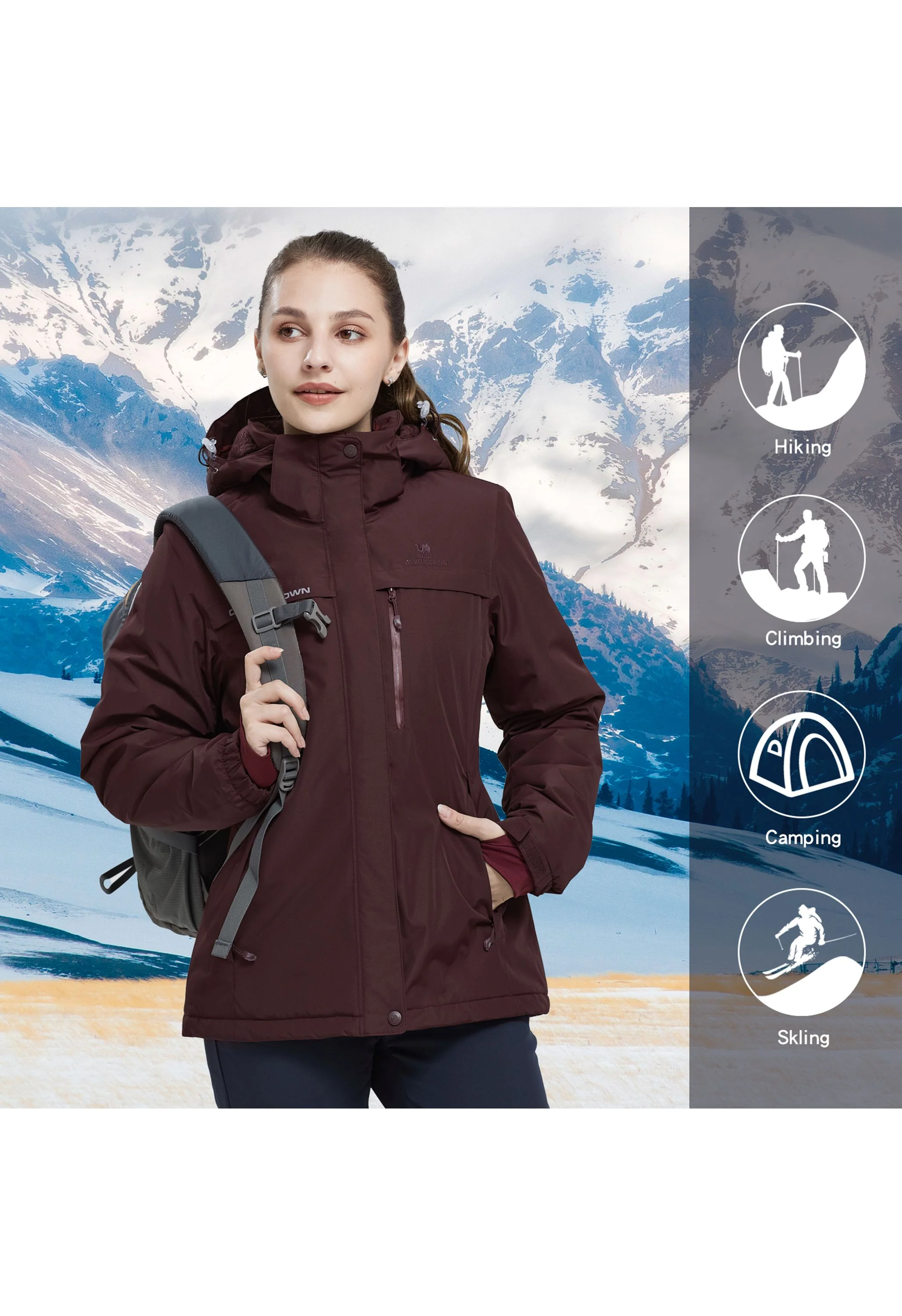 Women's Winter Wine Red Regular Fit Short Waterproof Windproof Ski Jacket - Image 9