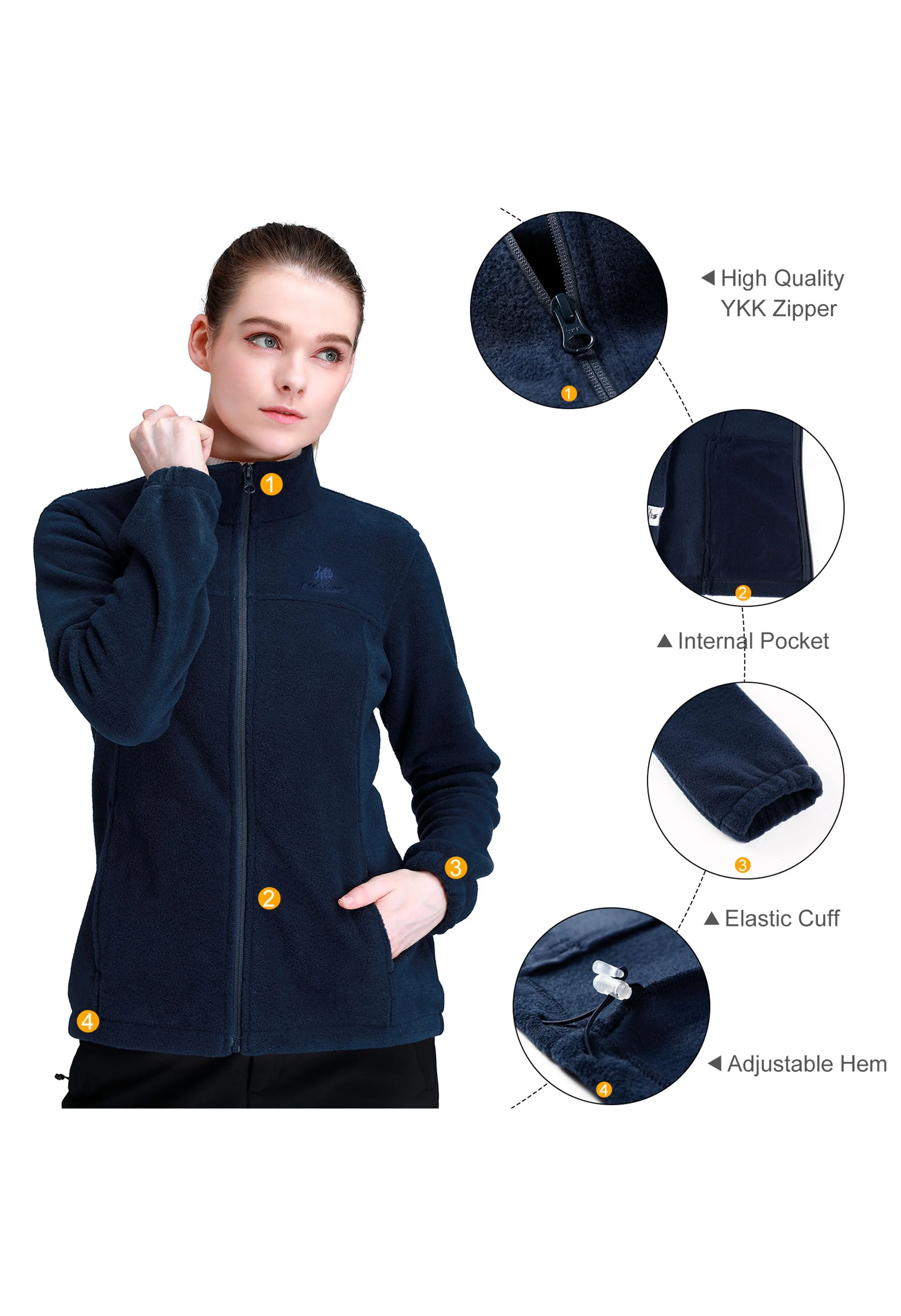 Women's Fall Dark Blue Regular Fit Short Lightweight Warm Fleece Jackets - Image 4