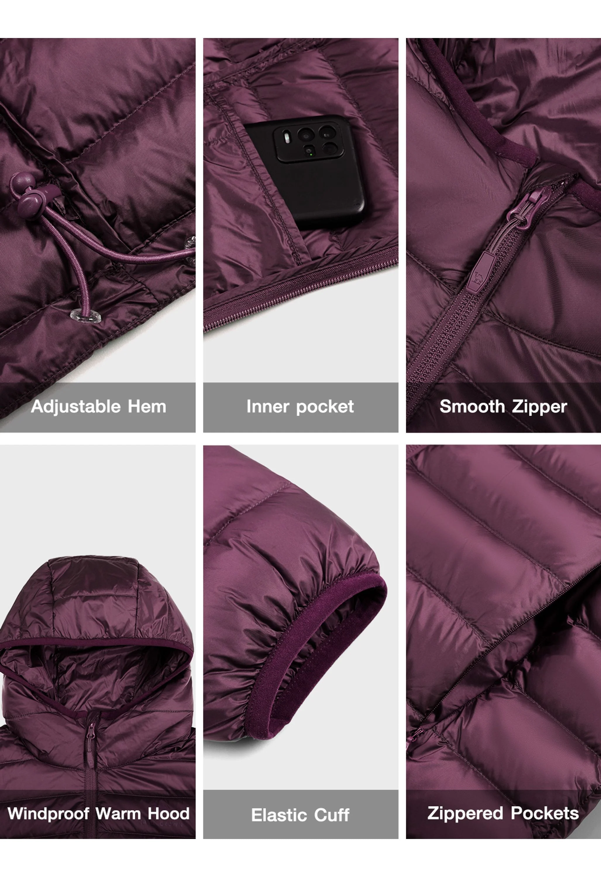 Women's Winter Purple Regular Fit Short Lightweight Windproof Down Jacket - Image 7