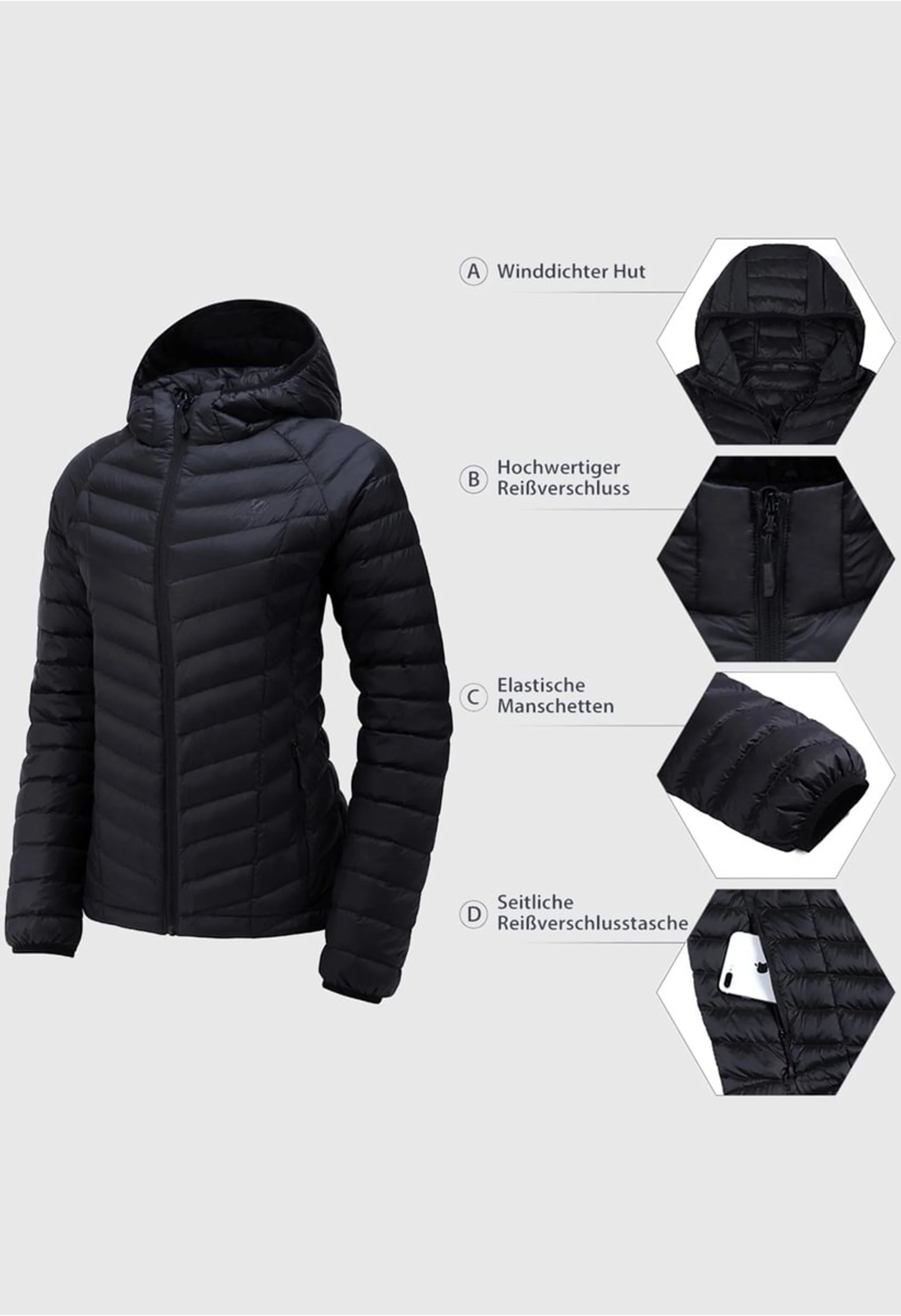 Women's Winter Black Regular Fit Short Lightweight Windproof Down Jacket - Image 3