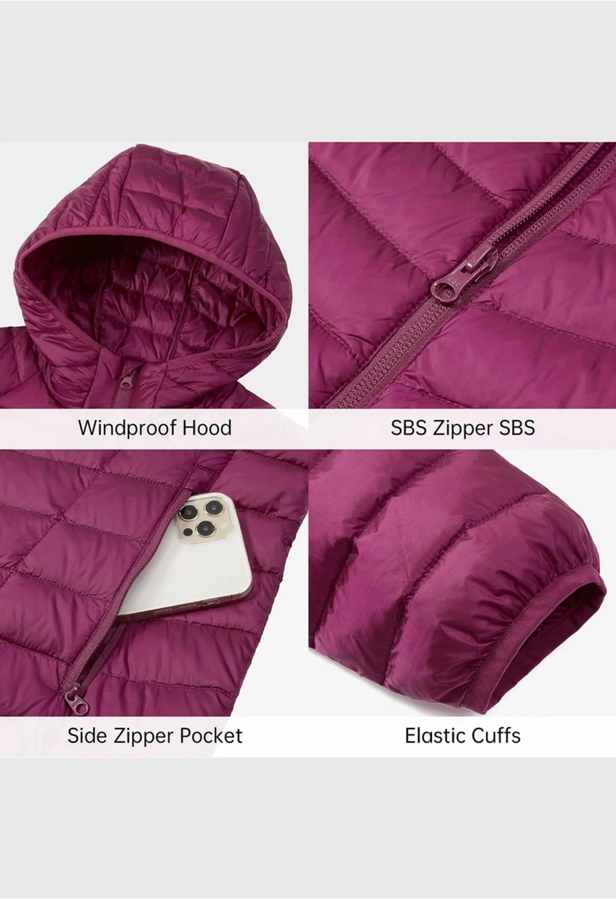 Women's Winter Purple Regular Fit Short Lightweight Windproof Down Jacket - Image 6