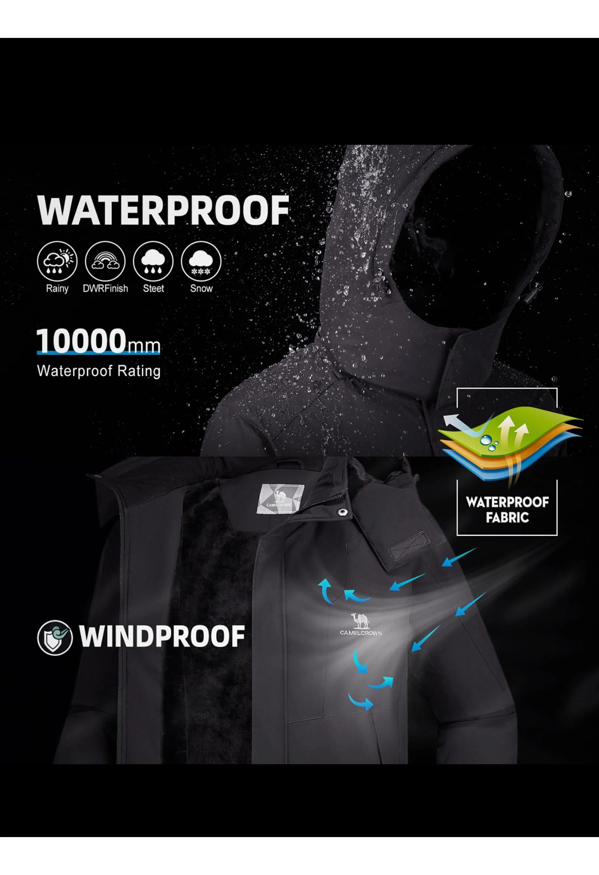 Men's Winter Black Regular Fit Short Waterproof Windproof Ski Jacket - Image 2