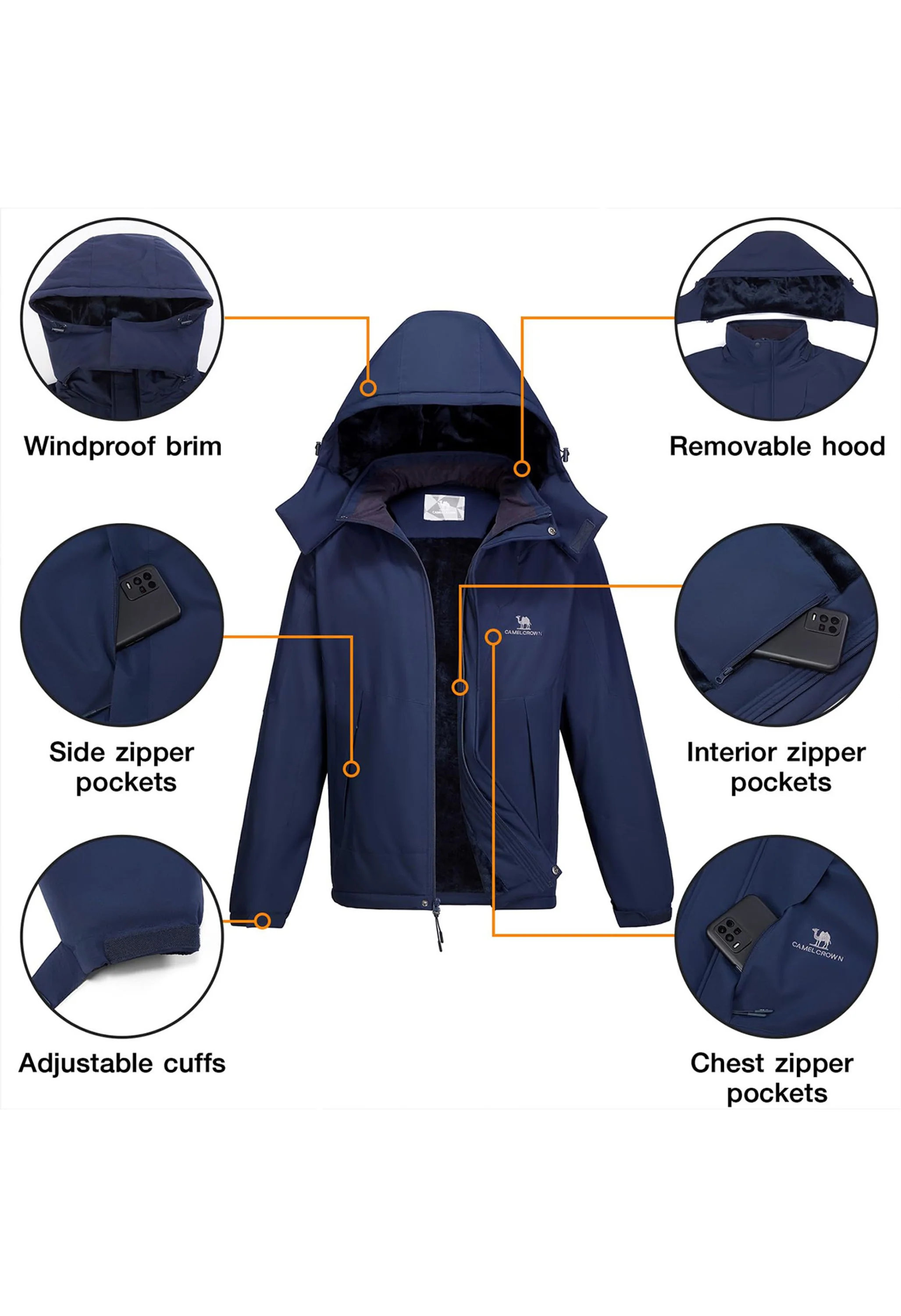 Men's Winter Dark Blue Regular Fit Short Waterproof Windproof Ski Jacket - Image 5