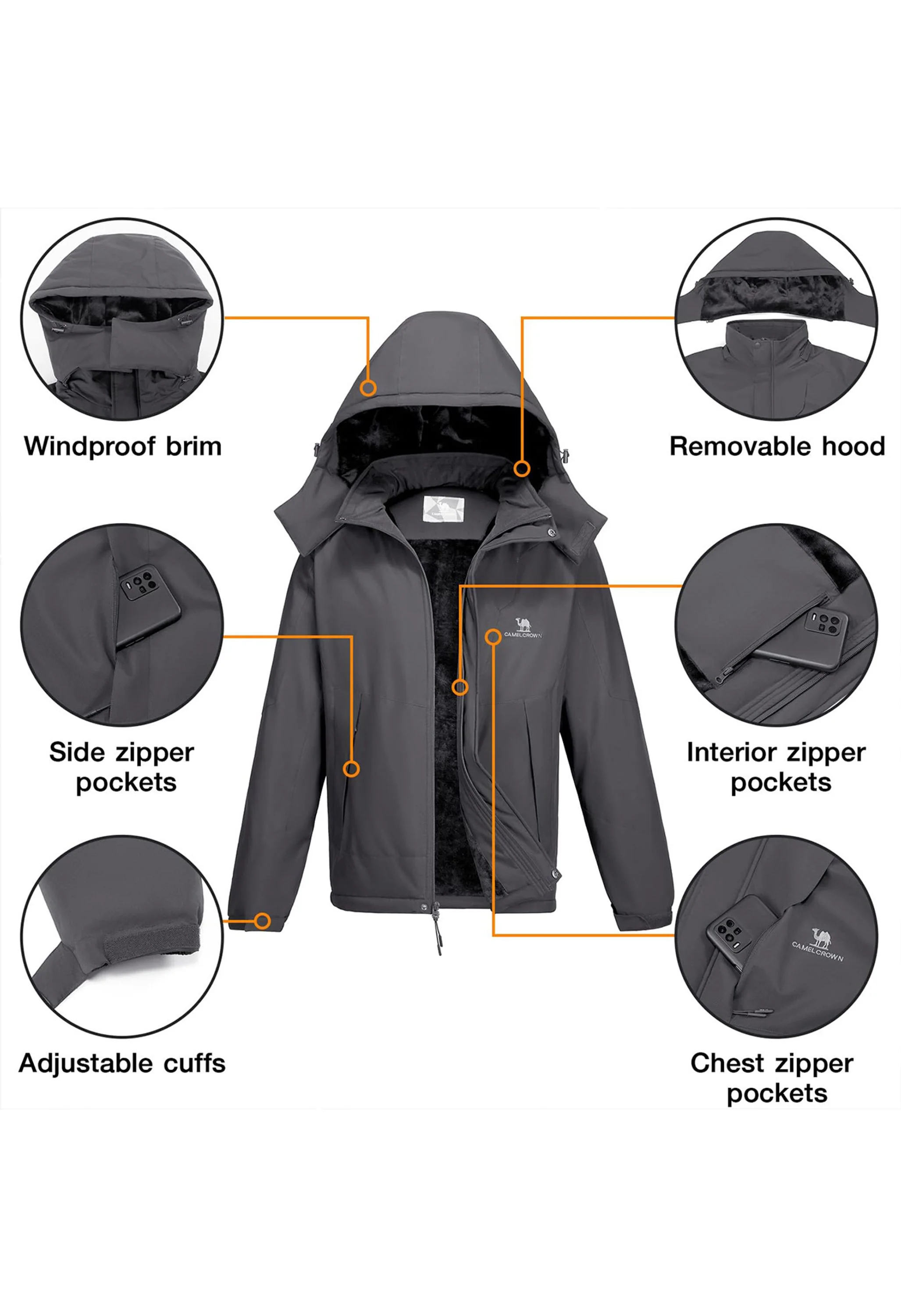 Men's Winter Gray Regular Fit Short Waterproof Windproof Ski Jacket - Image 5