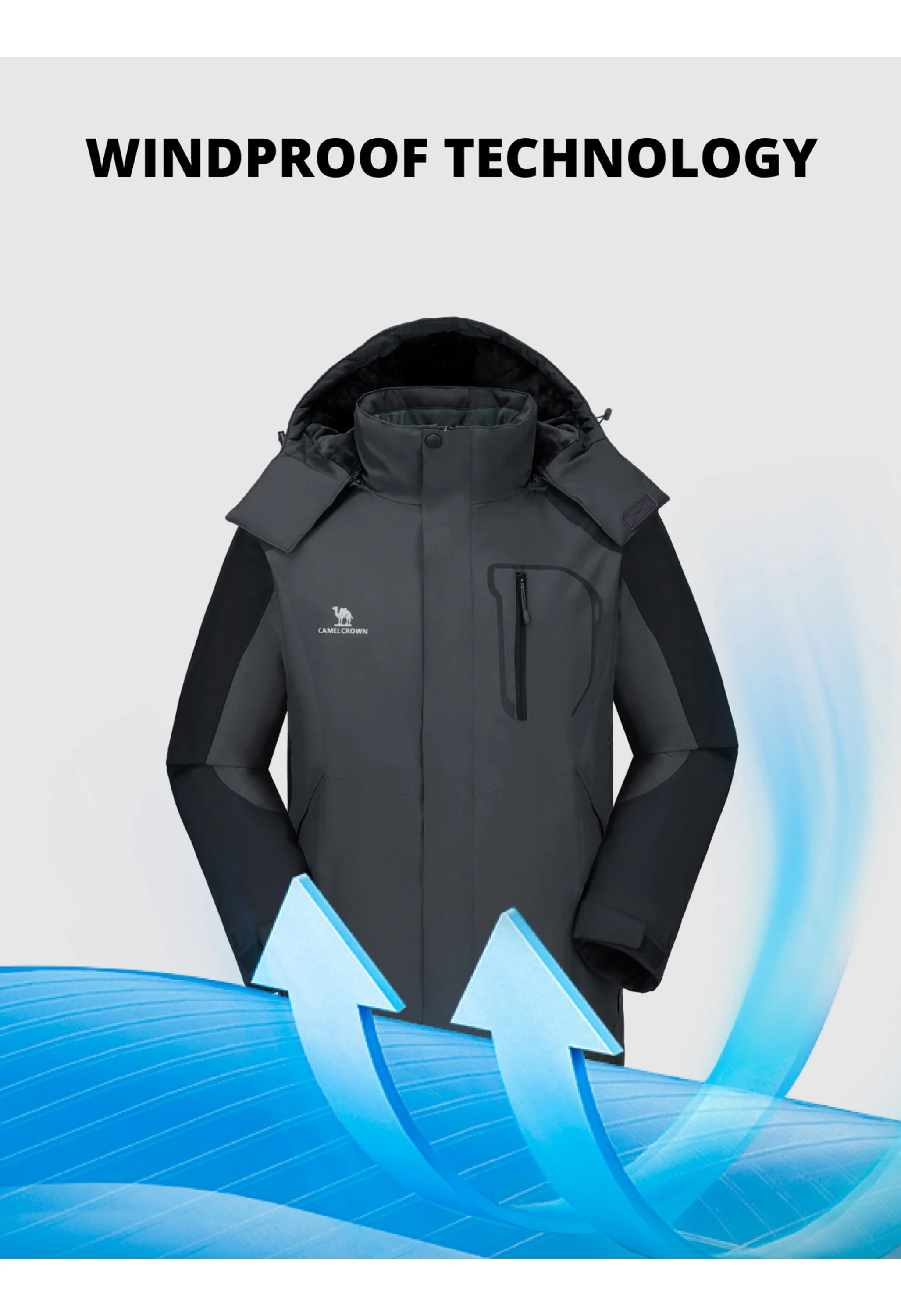 Men's Winter Black Regular Fit Short Waterproof Windproof Ski Jacket - Image 4