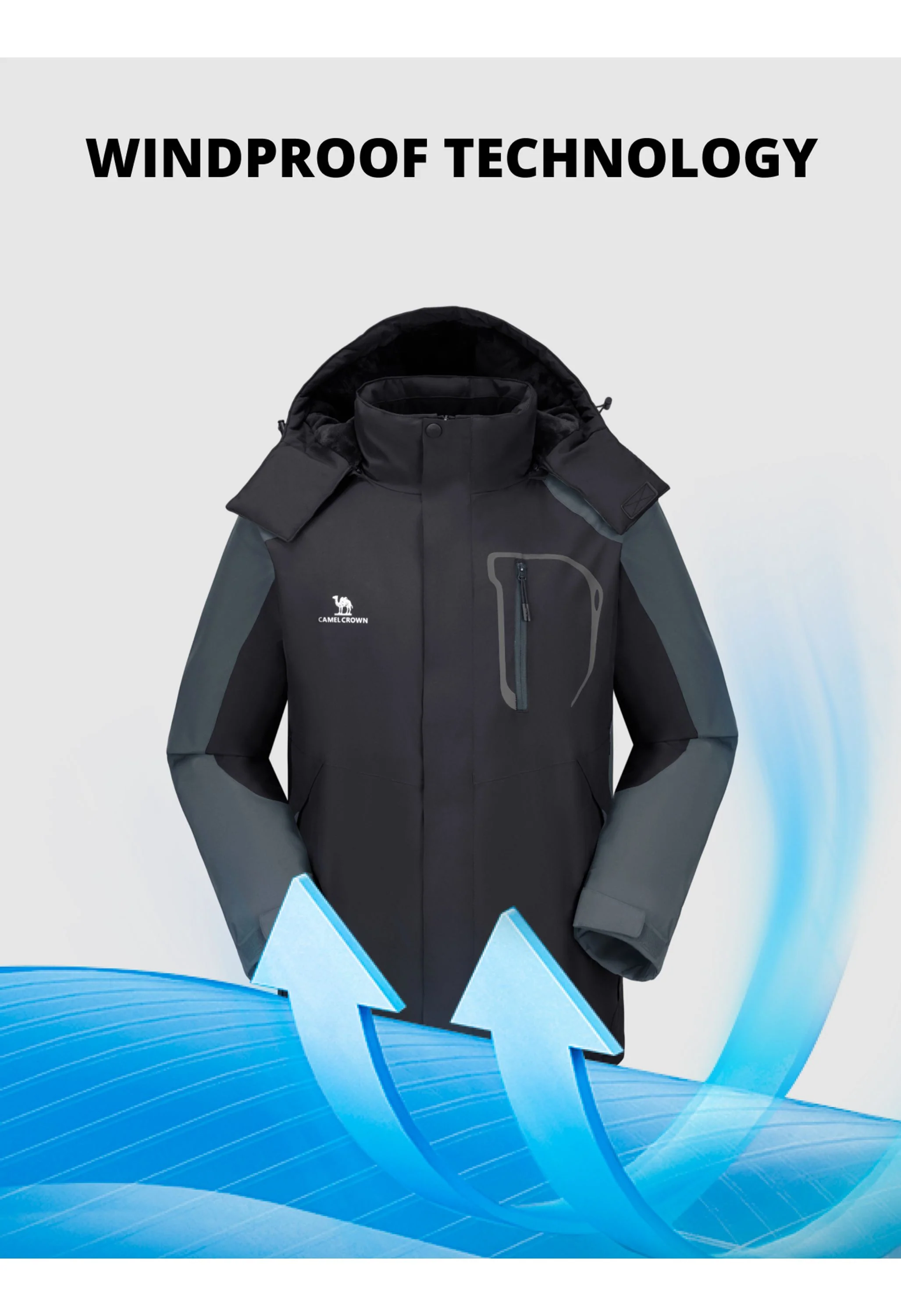 Men's Winter Gray Regular Fit Short Waterproof Windproof Ski Jacket - Image 4
