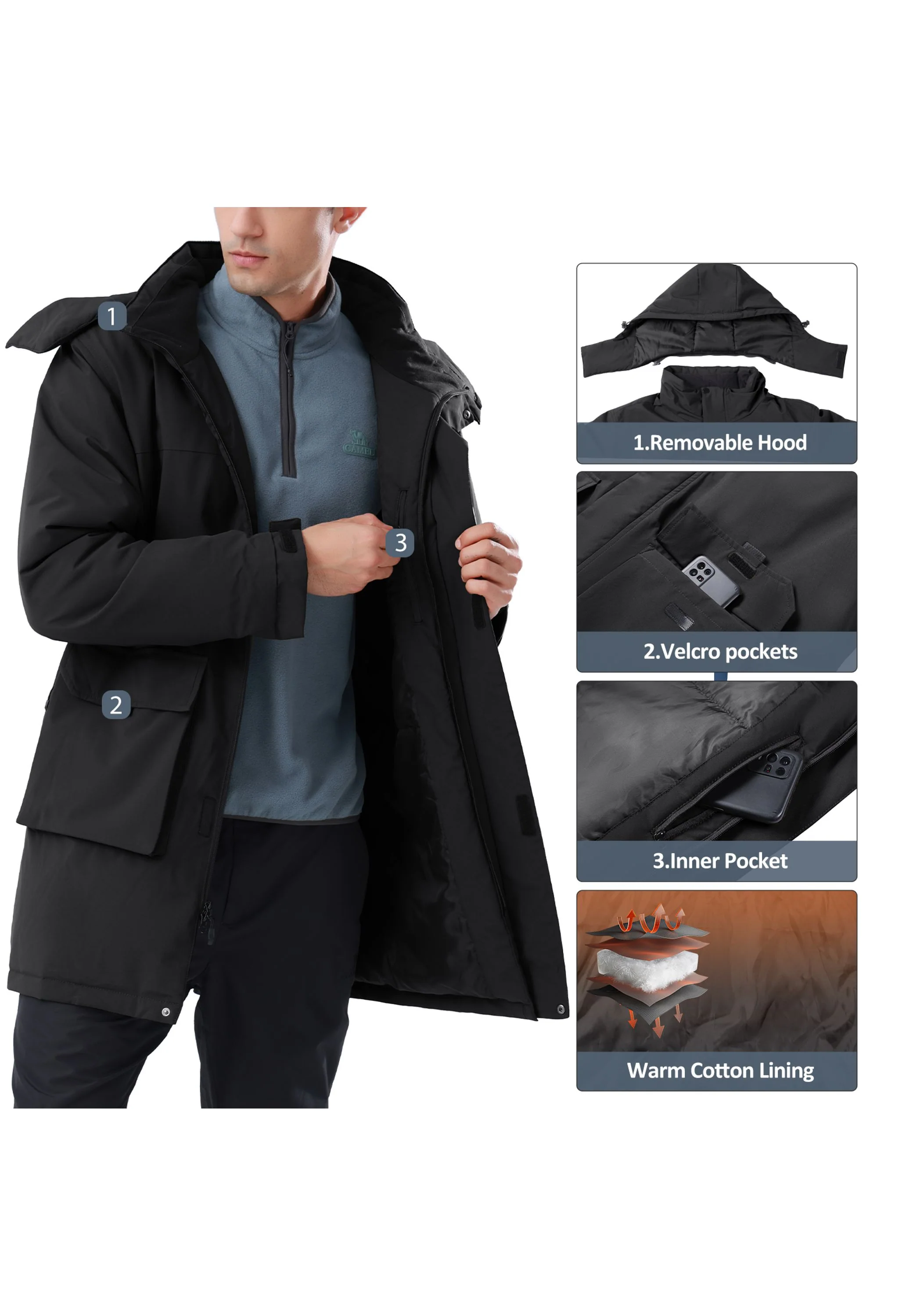 Men's Winter Black Regular Fit Short Waterproof Windproof Ski Jacket - Image 6