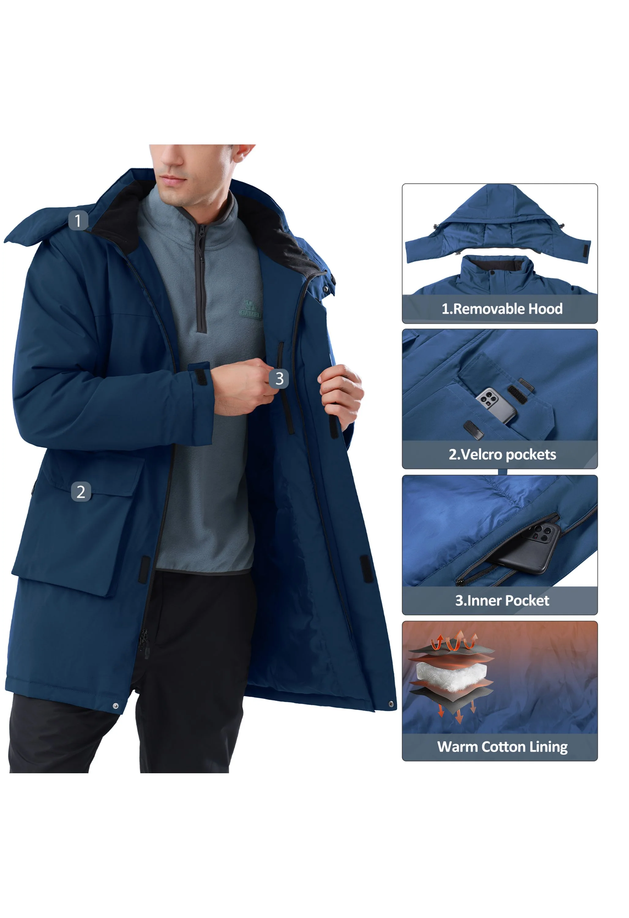 Men's Winter Blue Regular Fit Short Waterproof Windproof Ski Jacket - Image 6