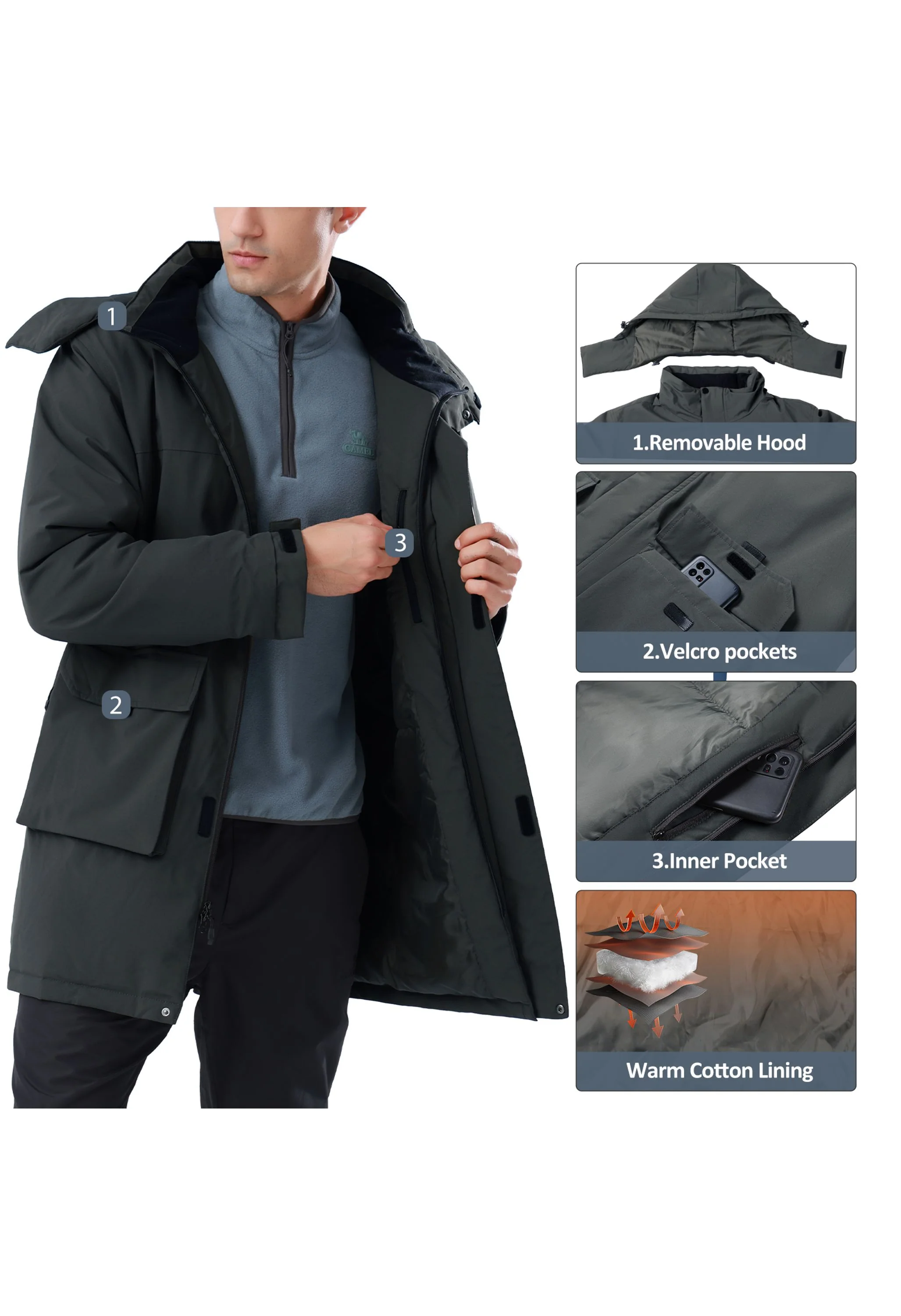 Men's Winter Gray Regular Fit Short Waterproof Windproof Ski Jacket - Image 6