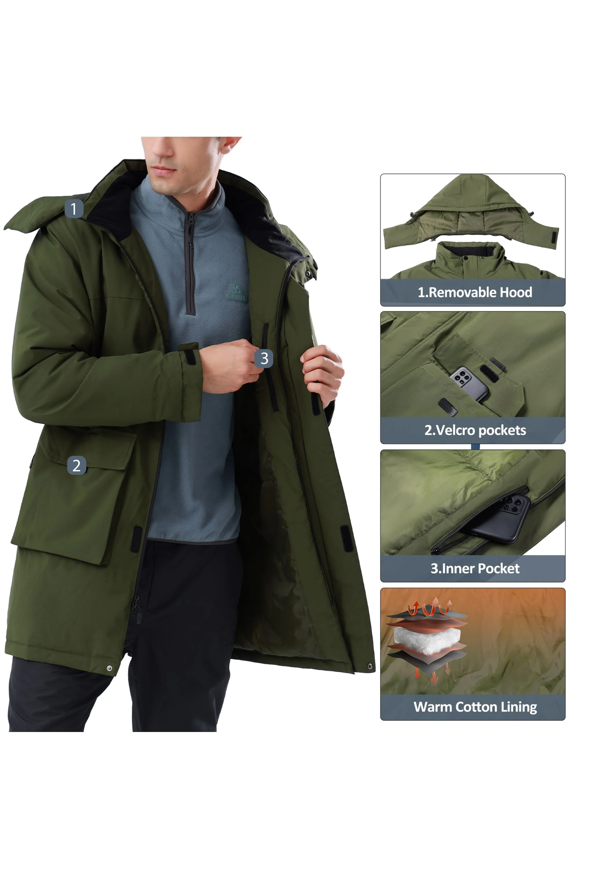 Men's Winter Green Regular Fit Short Waterproof Windproof Ski Jacket - Image 6