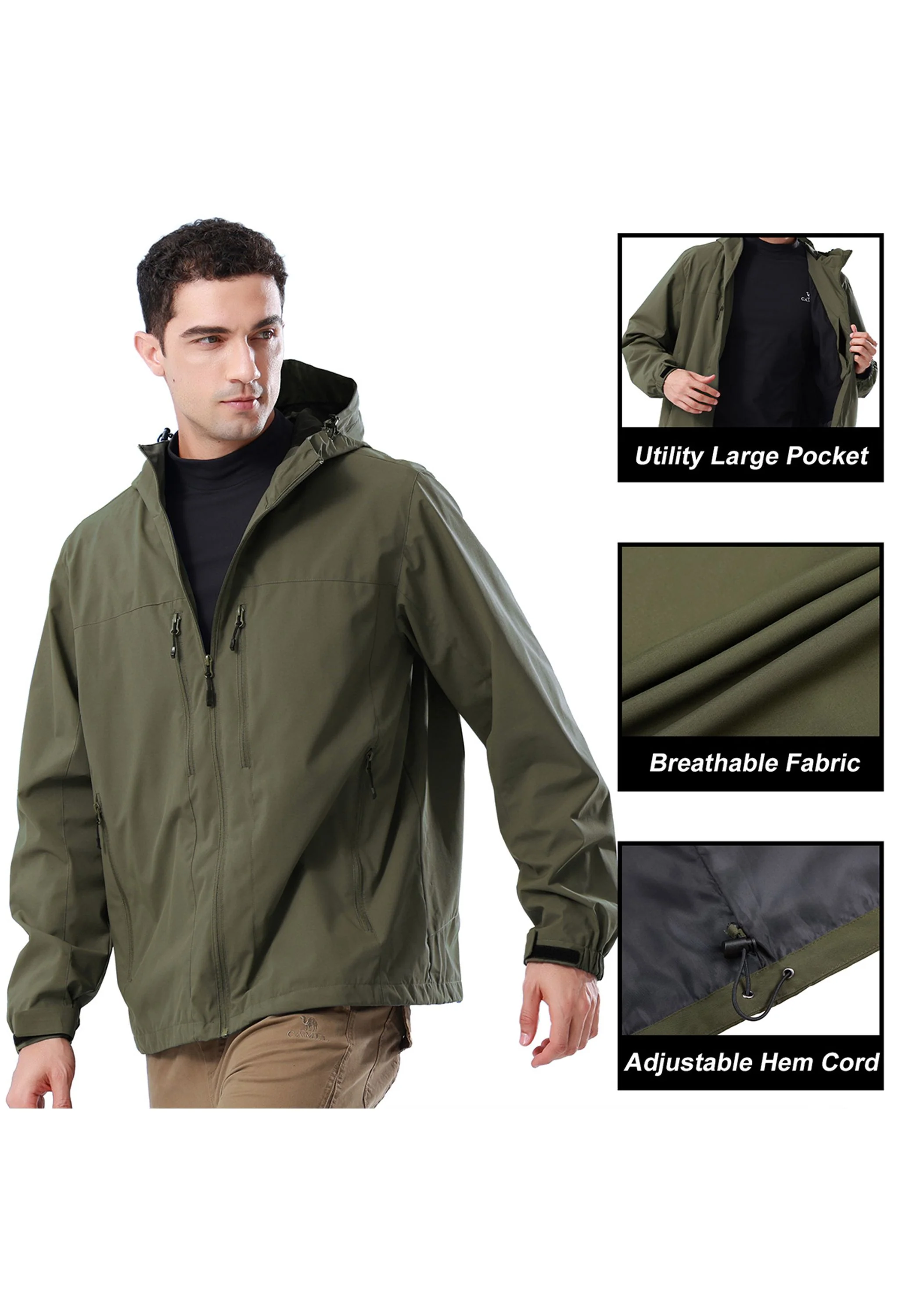 Men's Hiking Green Regular Fit Short Lightweight Waterproof Windproof Jacket - Image 7