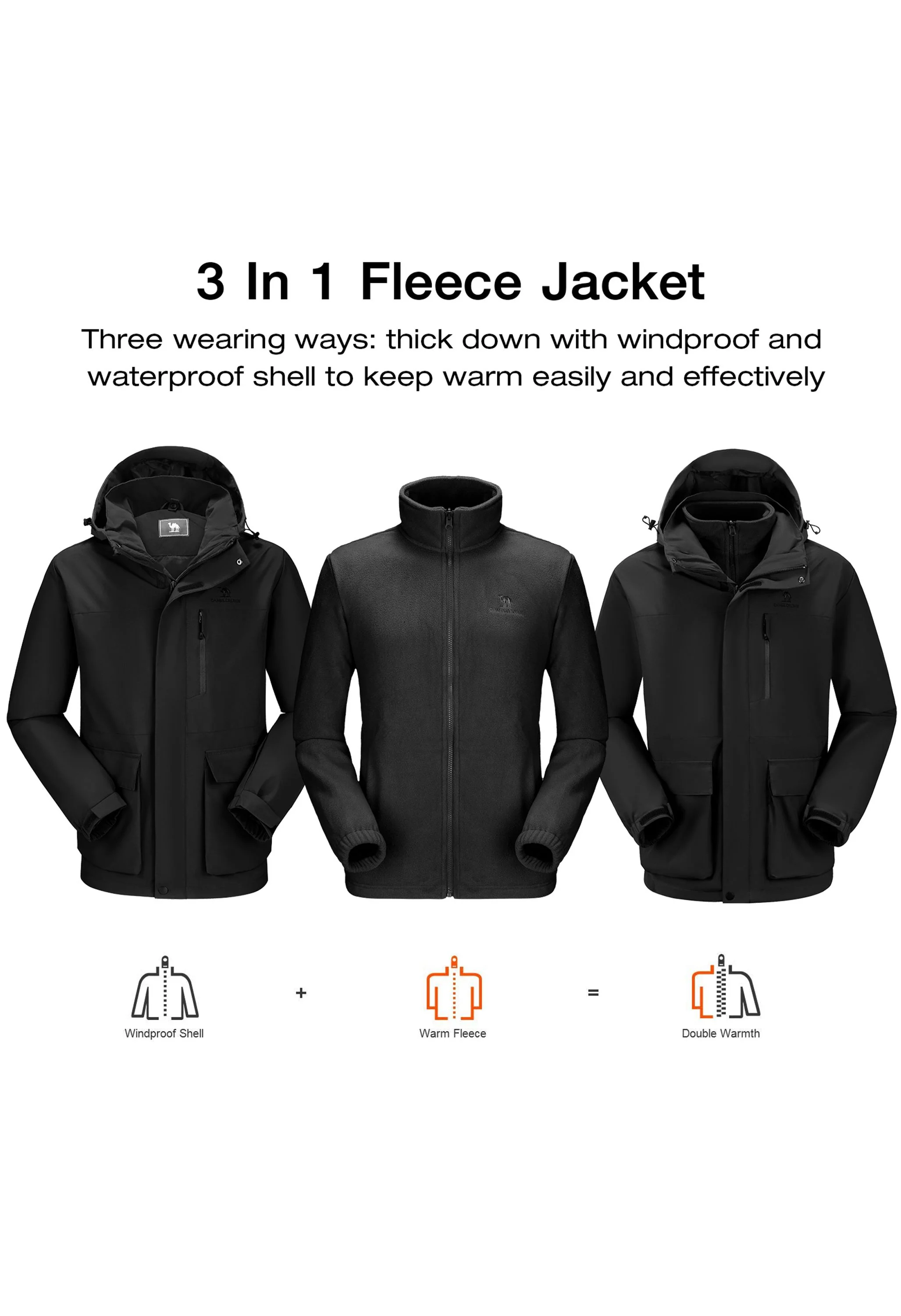 Men's Ski Black Regular Fit Short Waterproof Windproof 3in1 Jacket - Image 8