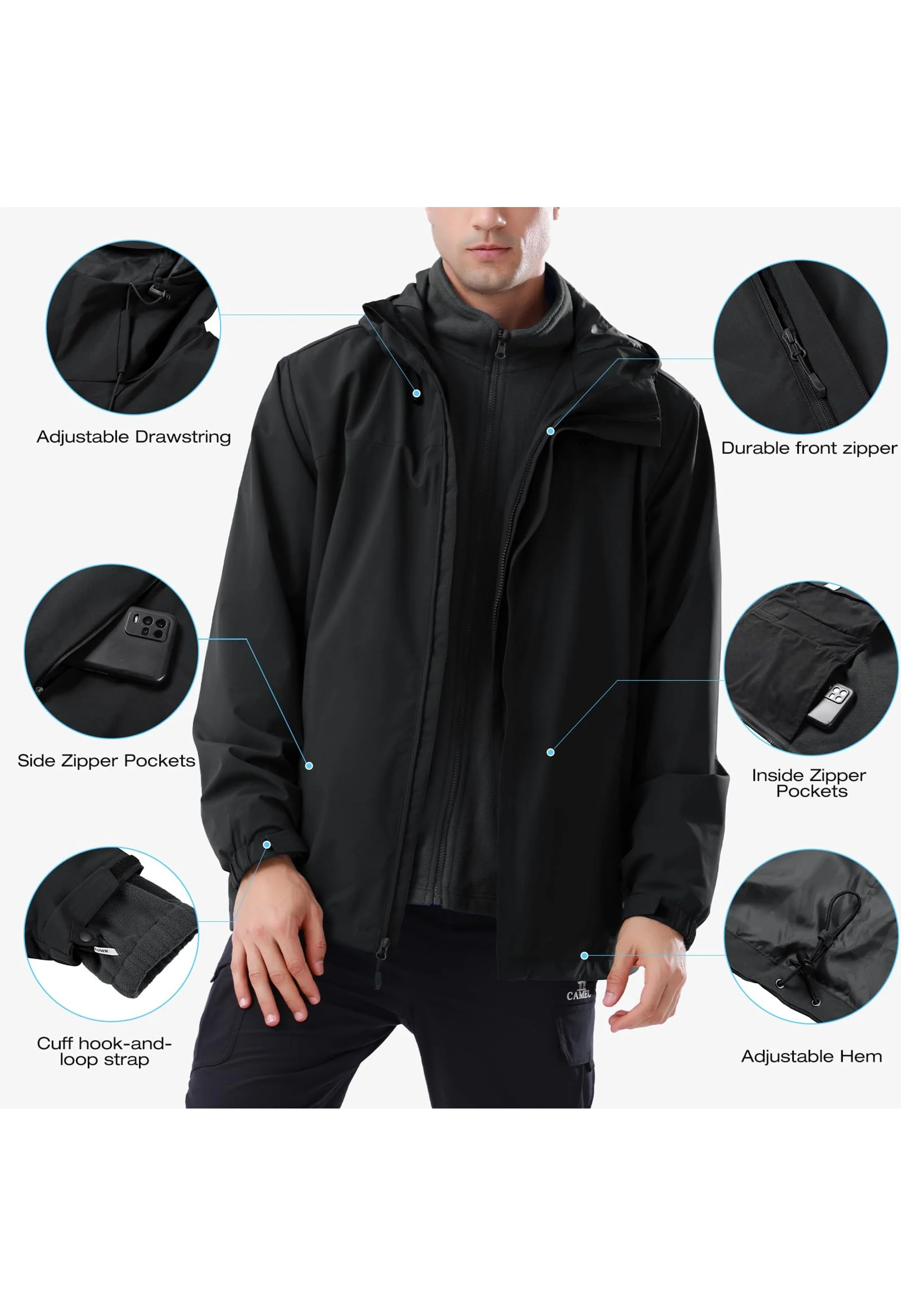 Men's Ski Black Regular Fit Short Waterproof Windproof 3in1 Jacket - Image 4