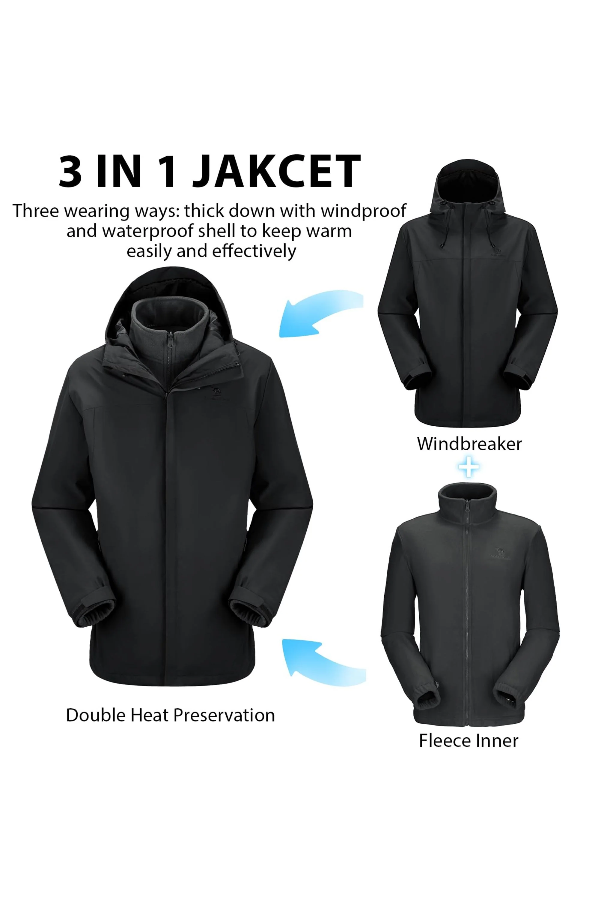 Men's Ski Black Regular Fit Short Waterproof Windproof 3in1 Jacket - Image 6