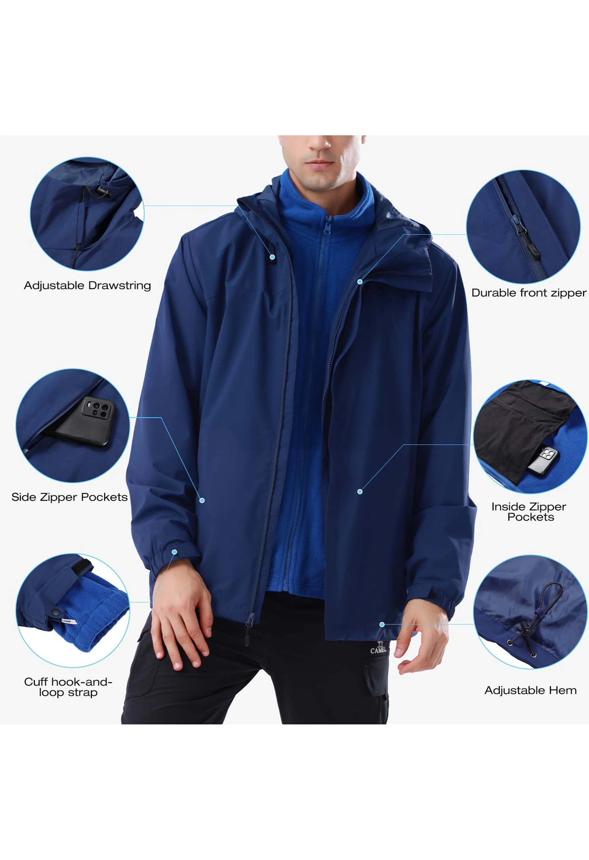 Men's Ski Blue Regular Fit Short Waterproof Windproof 3in1 Jacket - Image 4