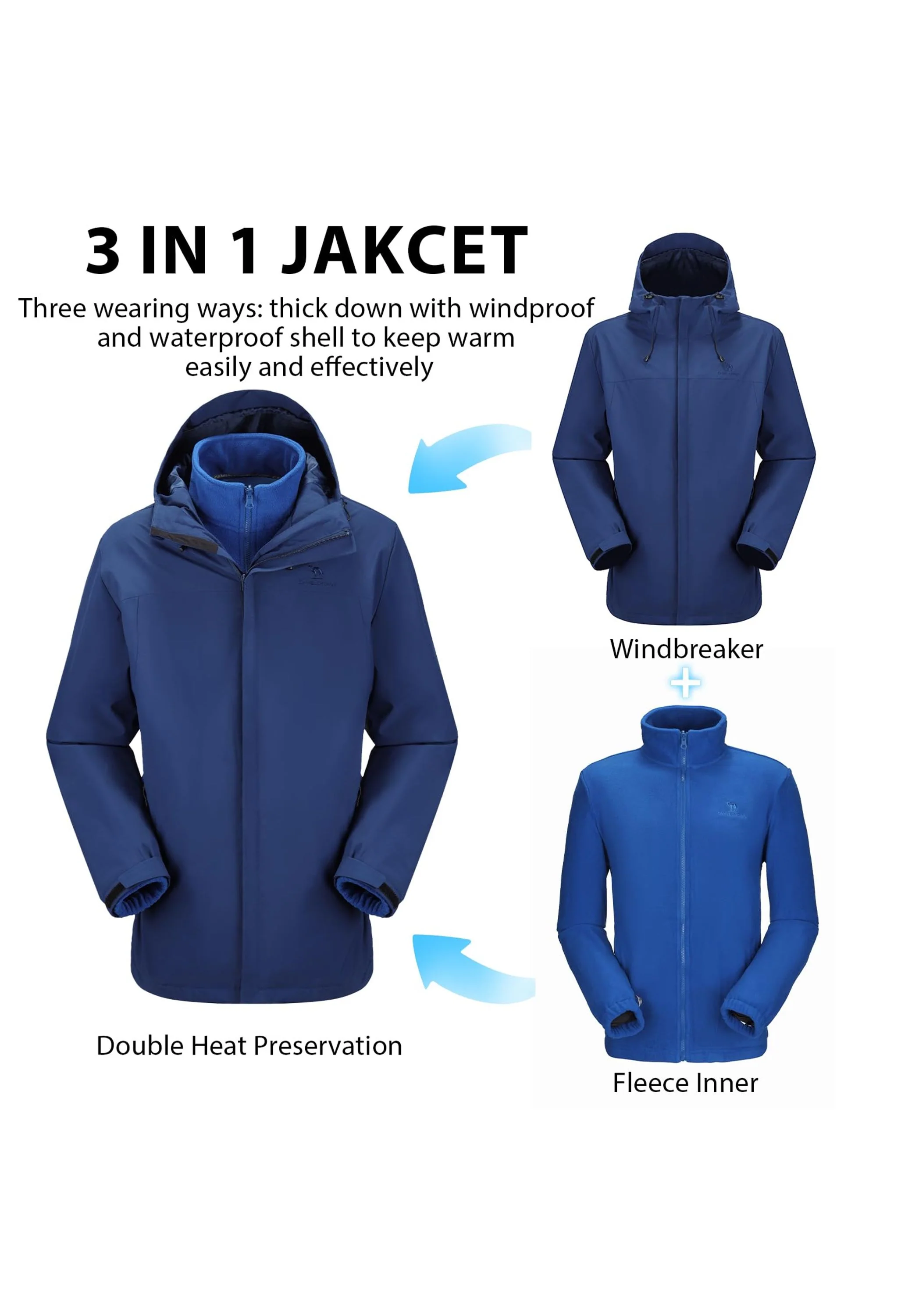 Men's Ski Blue Regular Fit Short Waterproof Windproof 3in1 Jacket - Image 6