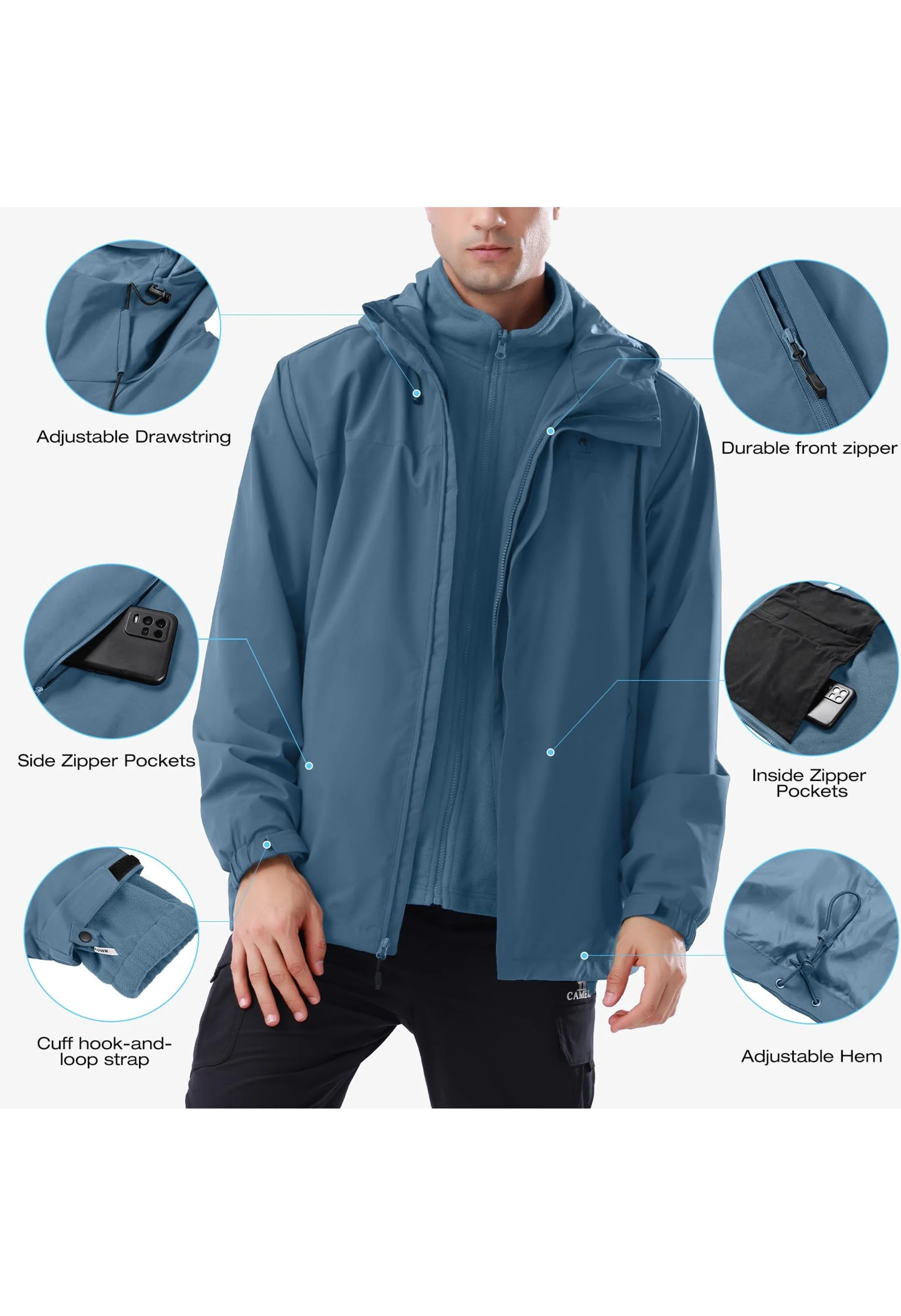 Men's Ski Gray Regular Fit Short Waterproof Windproof 3in1 Jacket - Image 4