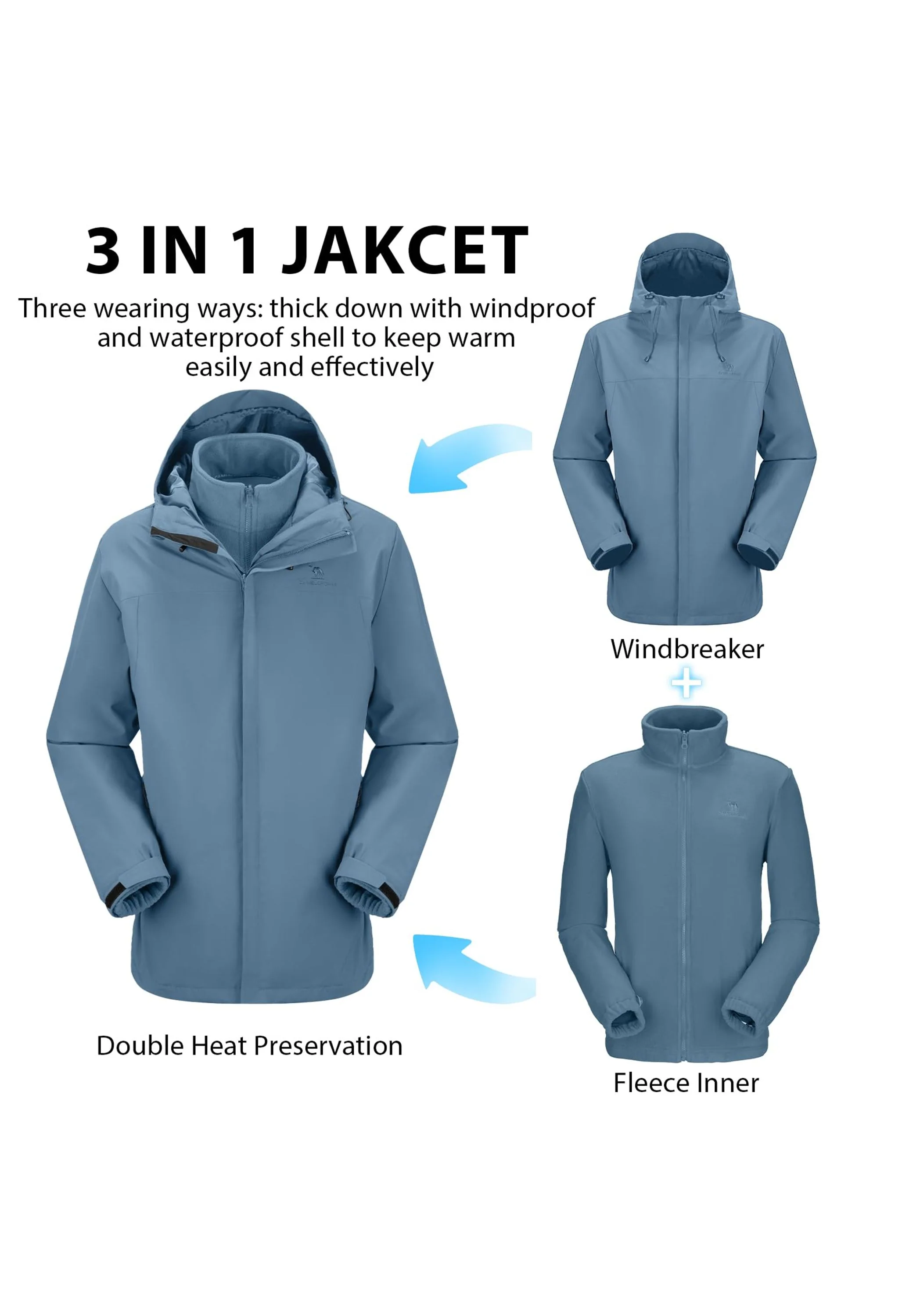Men's Ski Gray Regular Fit Short Waterproof Windproof 3in1 Jacket - Image 6