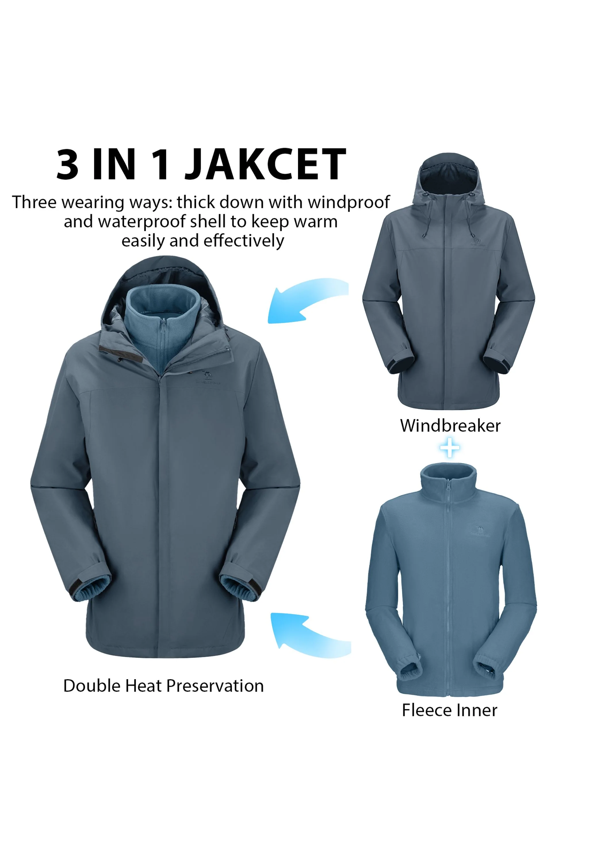 Men's Ski Gray Regular Fit Short Waterproof Windproof 3in1 Jacket - Image 4