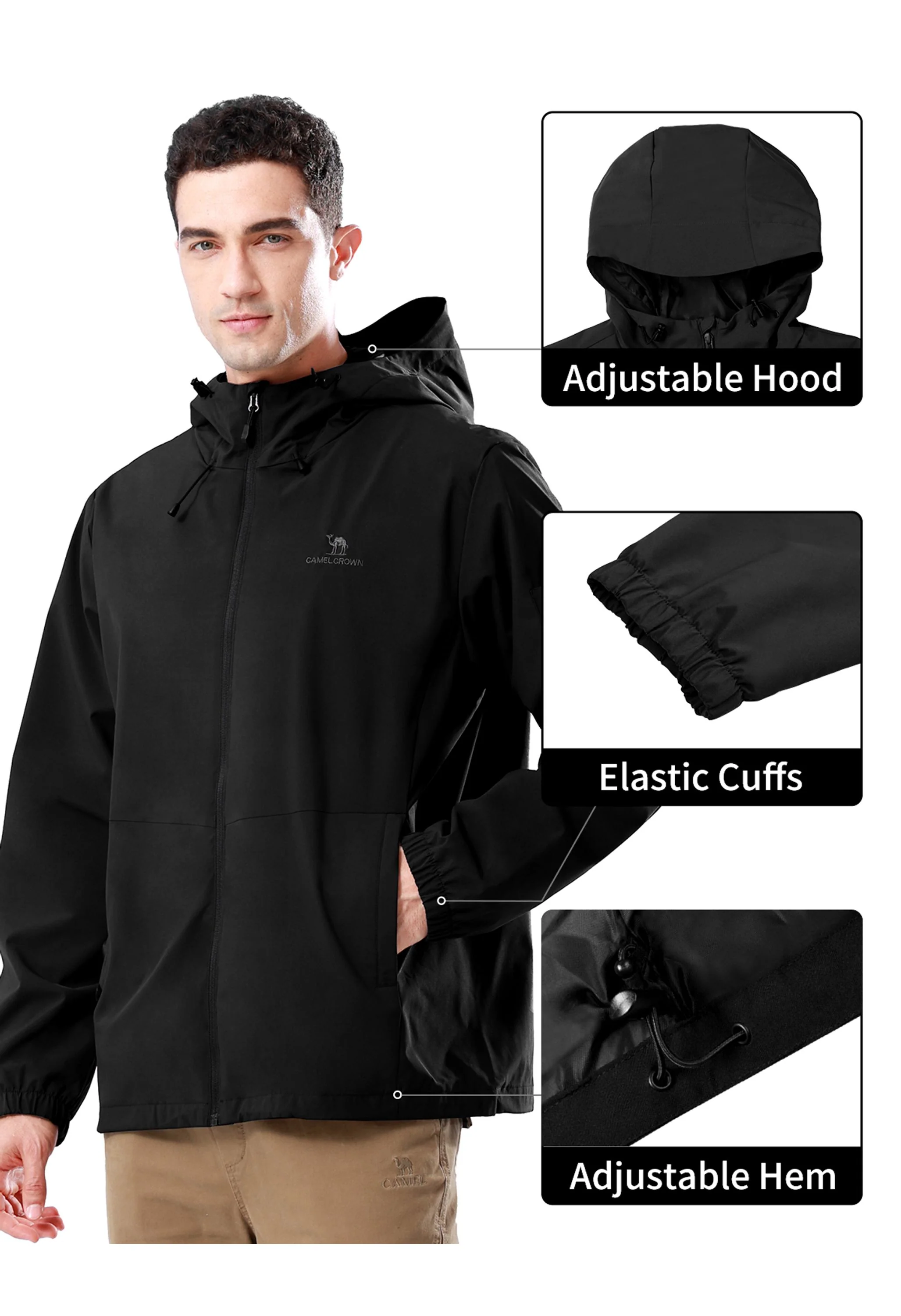 Men's Hiking Black Regular Fit Short Lightweight Waterproof Windproof Jacket - Image 4