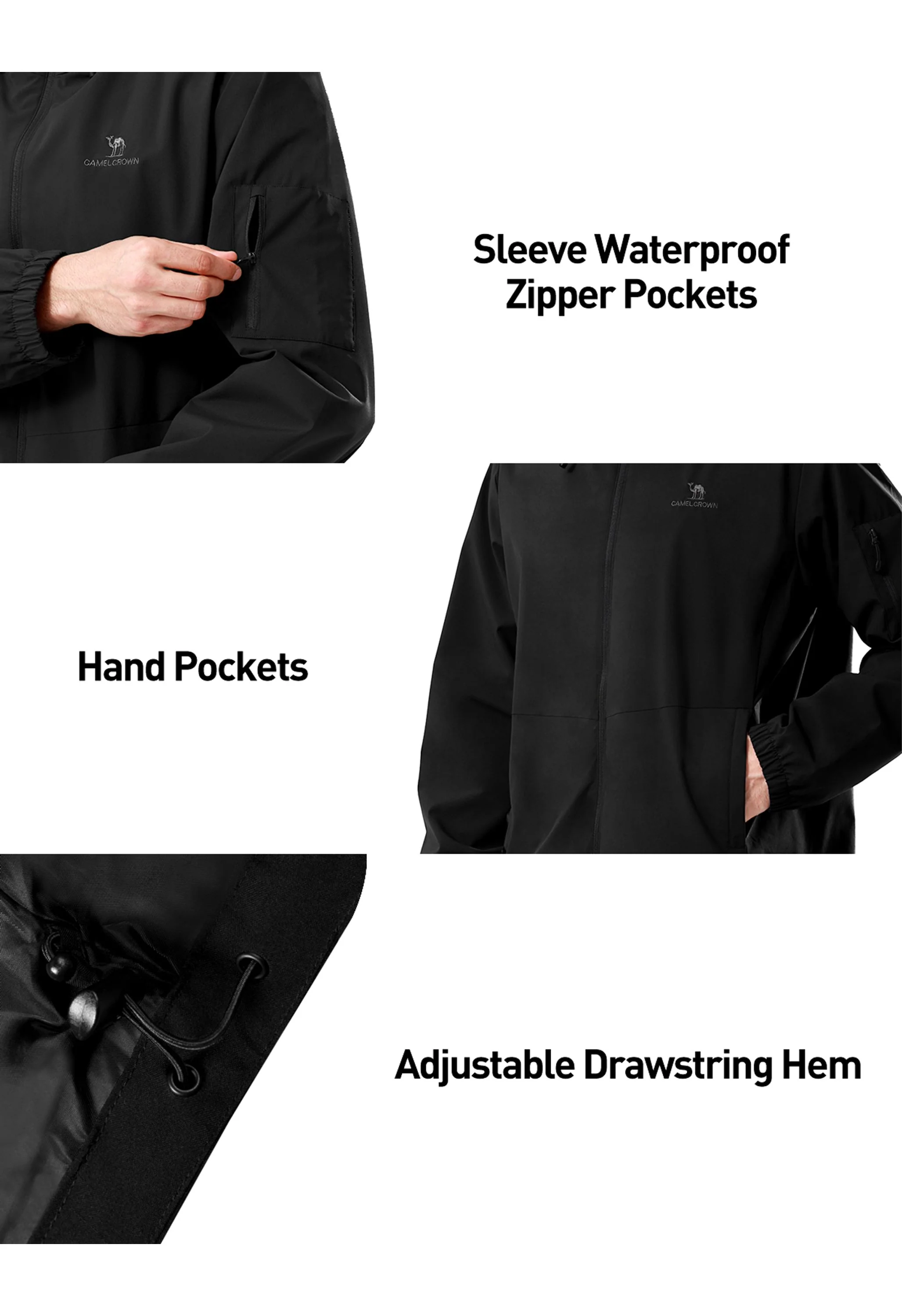 Men's Hiking Black Regular Fit Short Lightweight Waterproof Windproof Jacket - Image 6