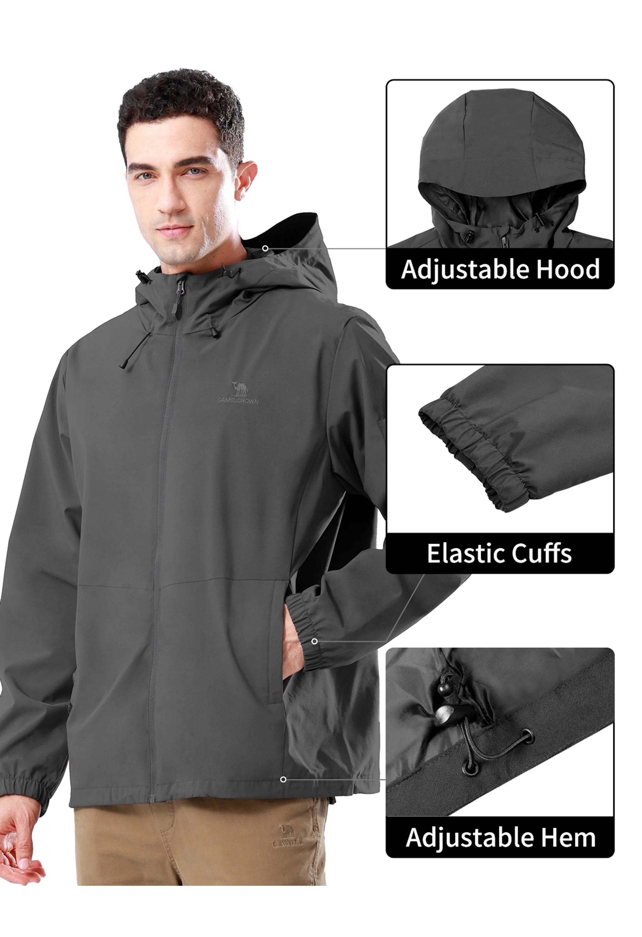 Men's Hiking Gray Regular Fit Short Lightweight Waterproof Windproof Jacket - Image 4