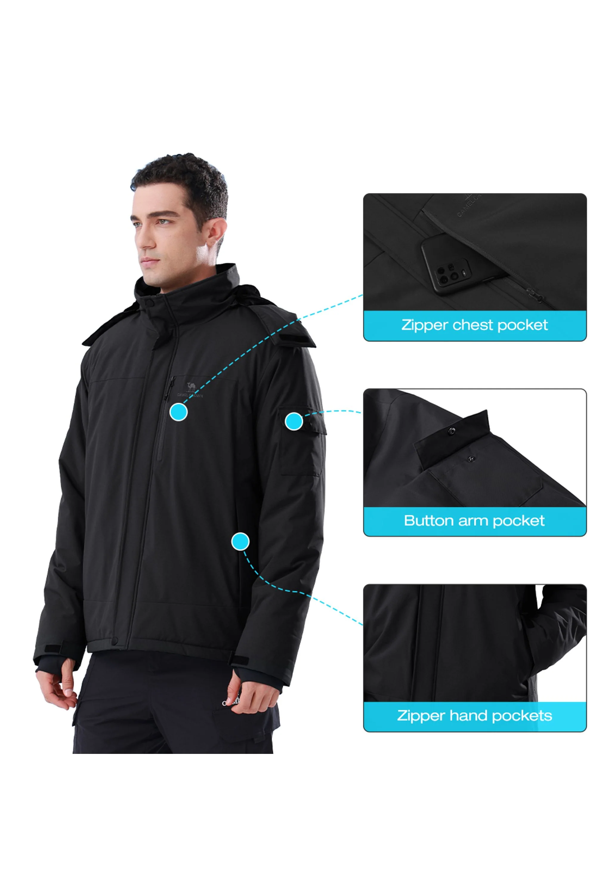 Men's Winter Black Regular Fit Short Waterproof Windproof Ski Jacket - Image 4