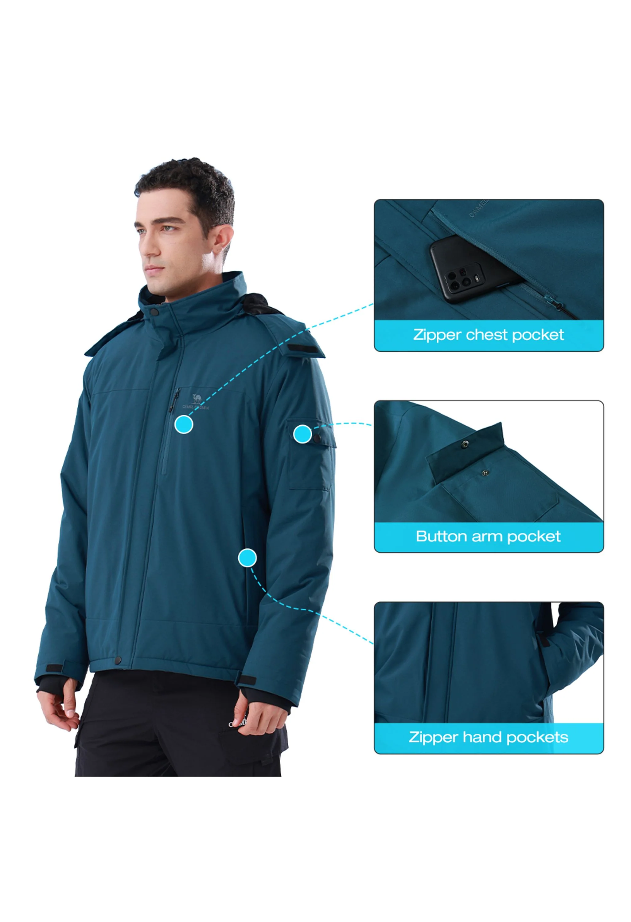 Men's Winter Blue Regular Fit Short Waterproof Windproof Ski Jacket - Image 4