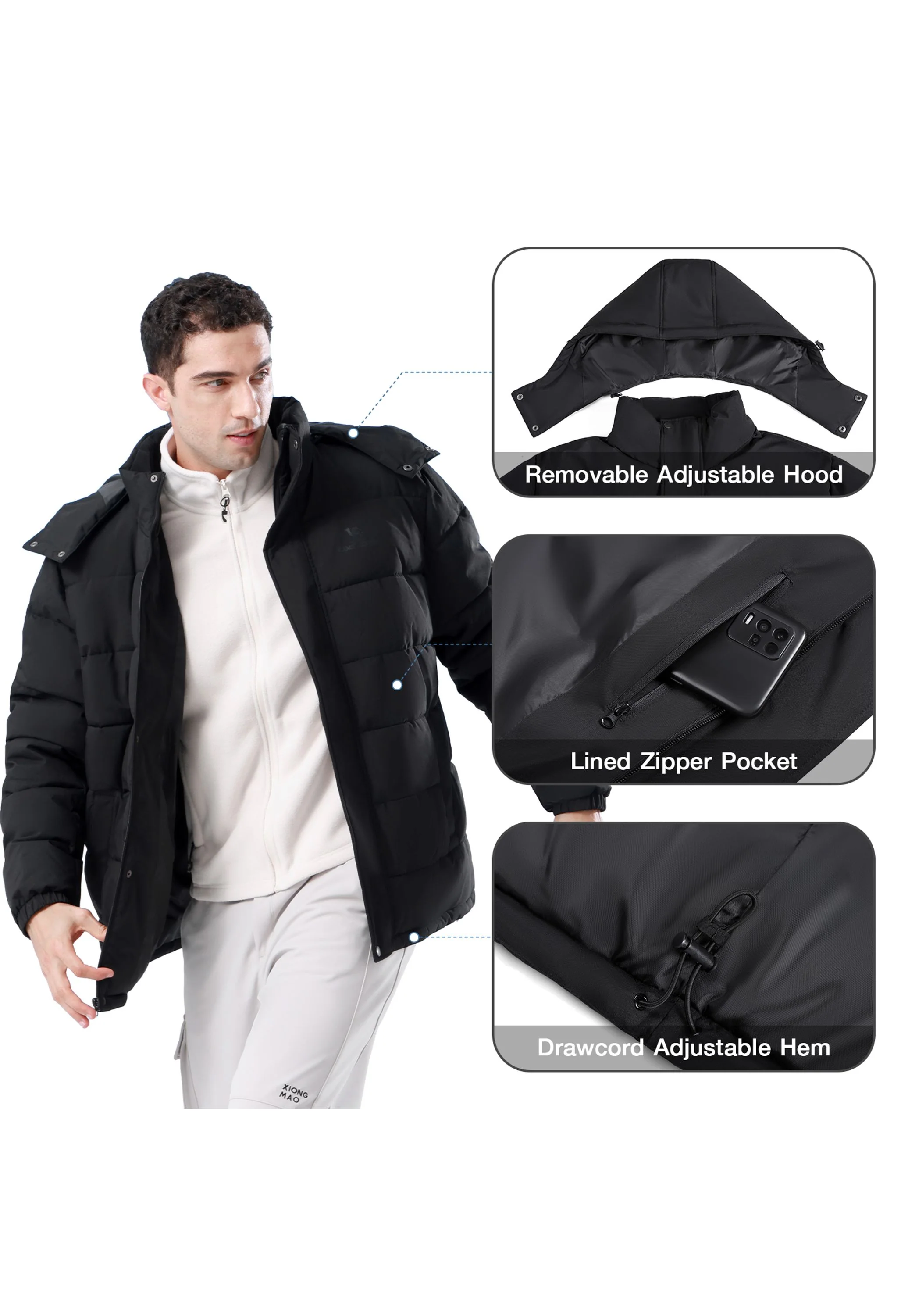 Men's Black Regular Fit Short Windproof Jacket - Image 2