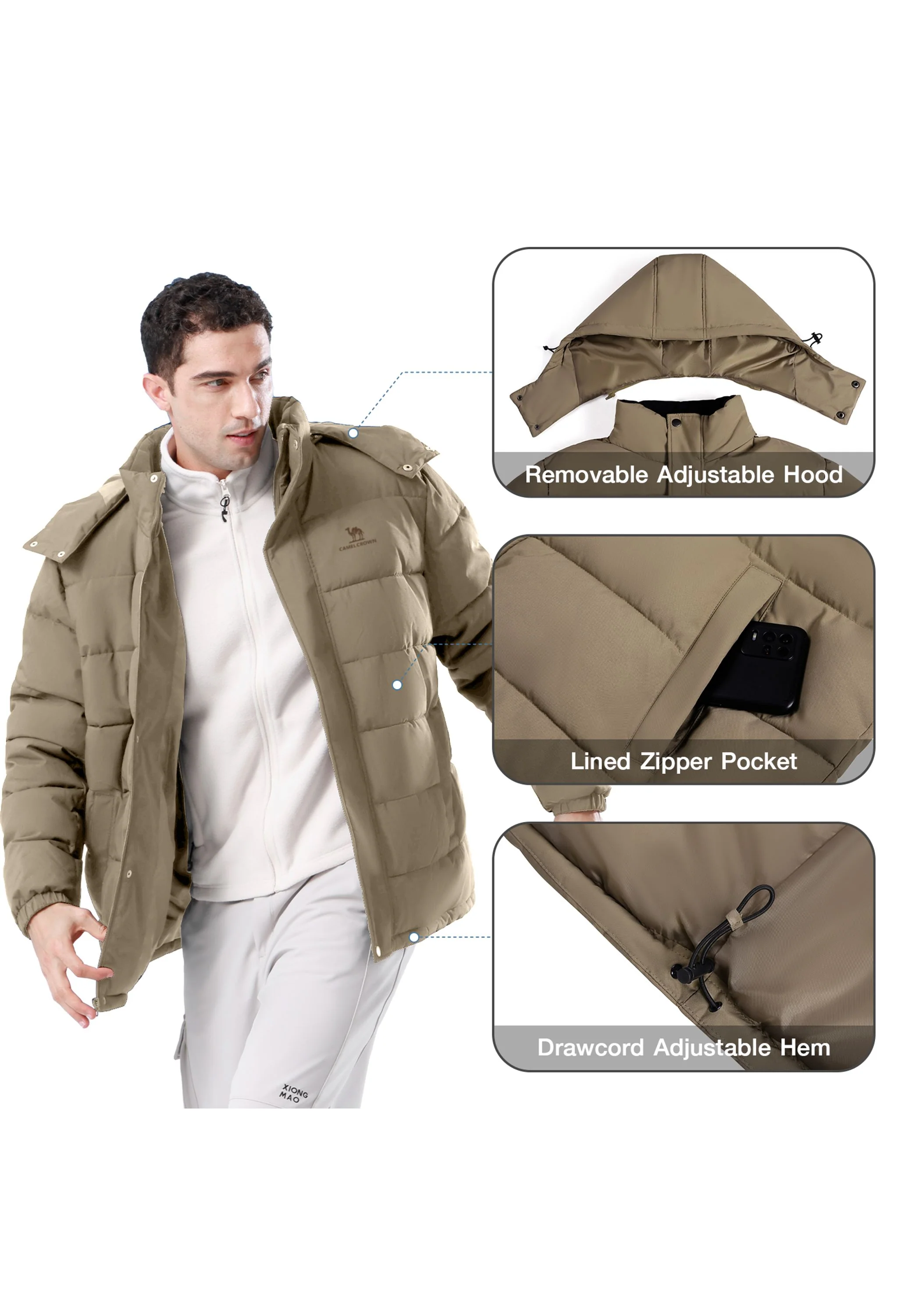 Men's Brown Regular Fit Short Windproof Jacket - Image 2