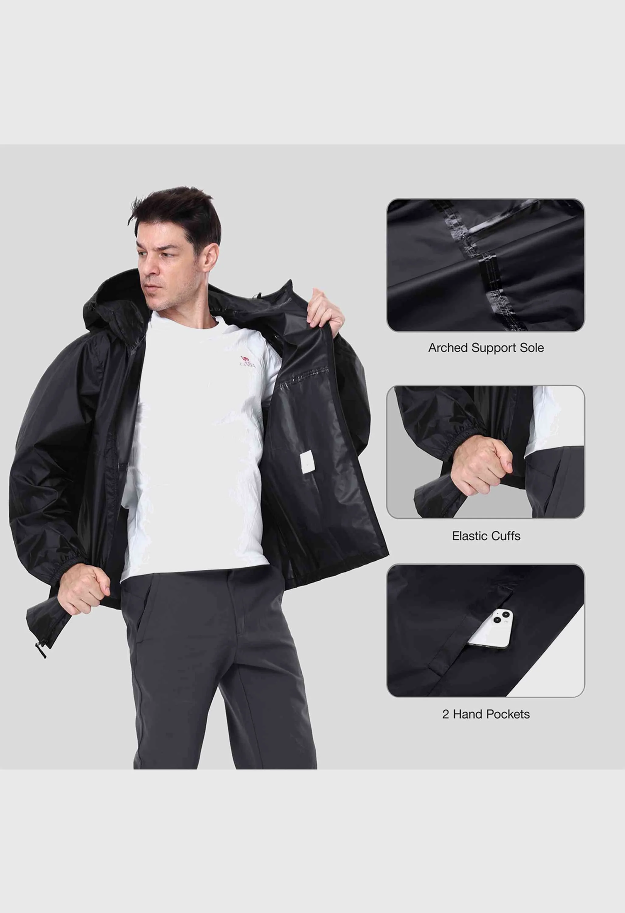 CAMEL CROWN Men's Spring Black Regular Fit Short Lightweight Hiking Watreproof Raincoat - Image 5